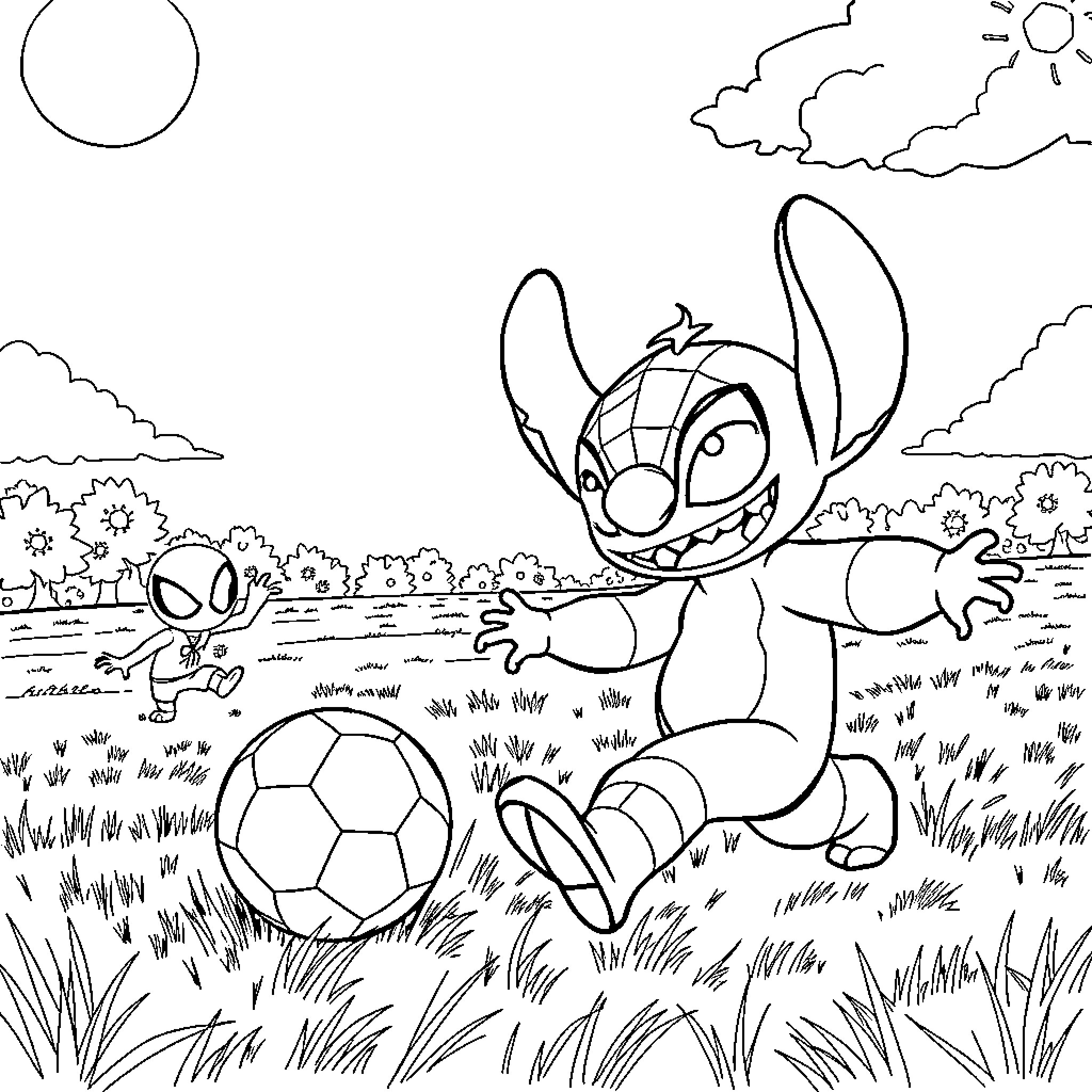 Stitch playing with a soccer ball in the park Coloring Page (free black-and-white line drawing printable PDF for all, from beginners to advanced learners, including children, teens, adults, and seniors)