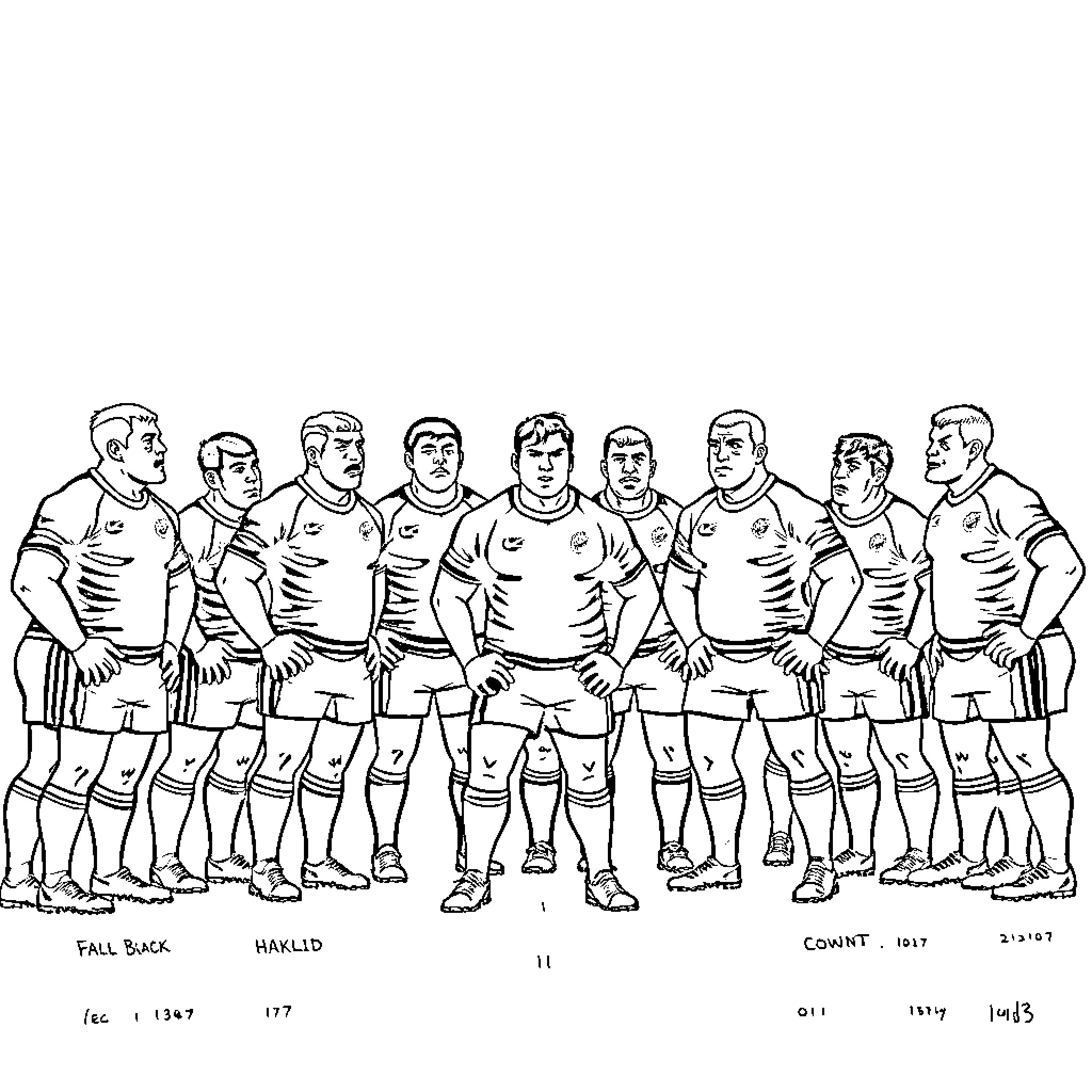 Rugby Team Posing for a Group Photo Coloring Page (free black-and-white line drawing printable PDF for all, from beginners to advanced learners, including children, teens, adults, and seniors)