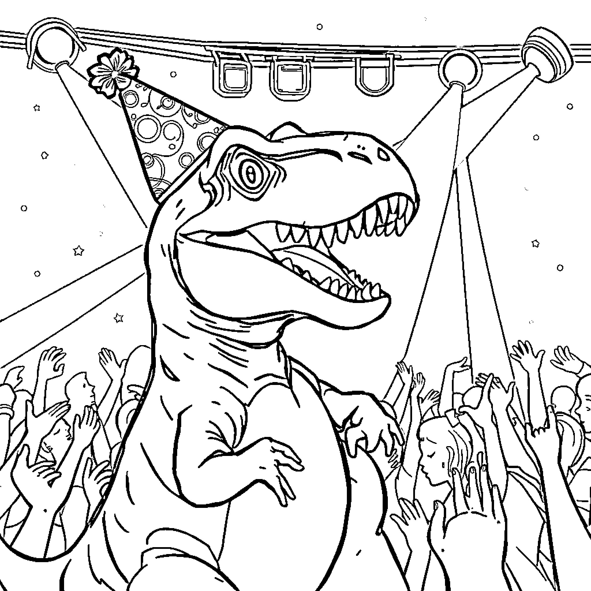 T-Rex Rocks the Stage with Raging Fans Coloring Page (free black-and-white line drawing printable PDF for all, from beginners to advanced learners, including children, teens, adults, and seniors)