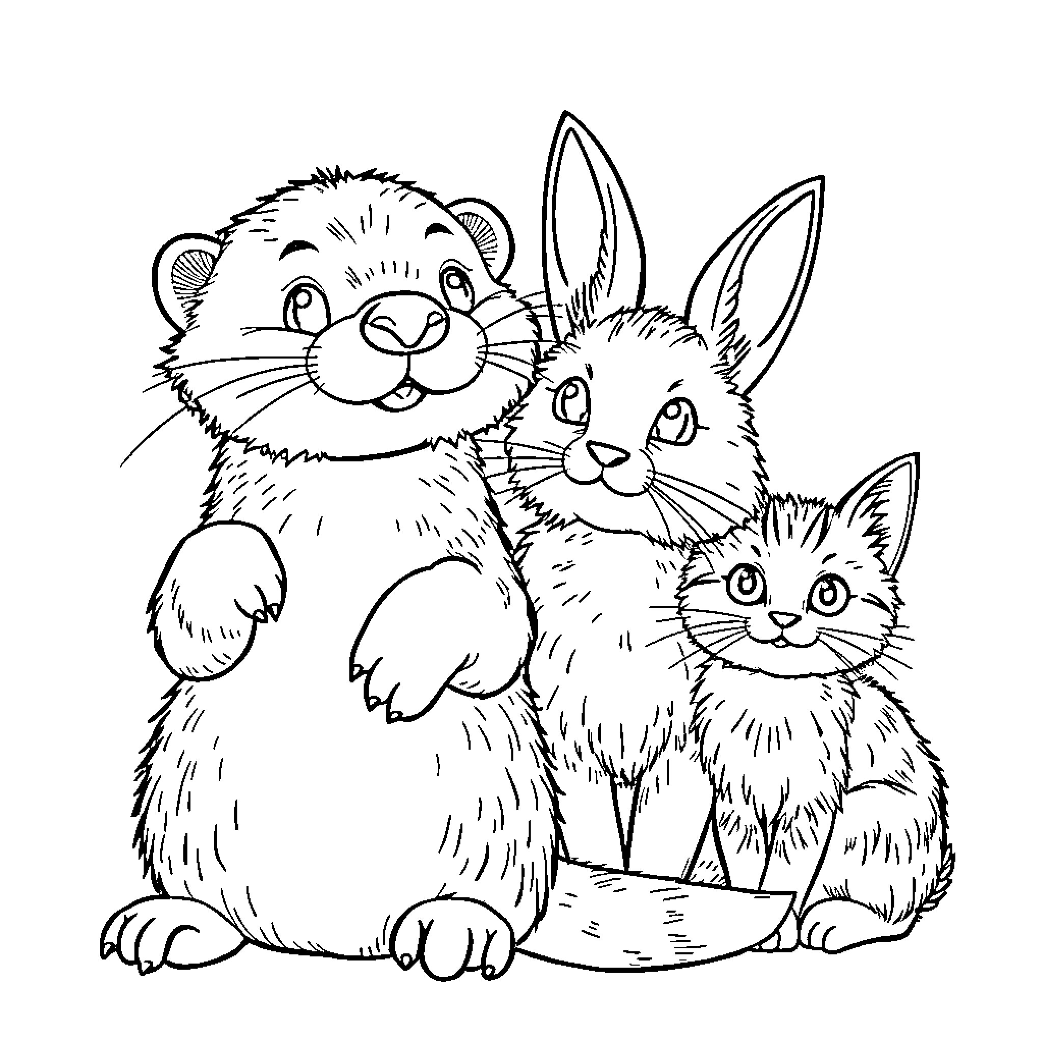 Otter, Bunny, and Kitten Trio Coloring Page (free black-and-white line drawing printable PDF for all, from beginners to advanced learners, including children, teens, adults, and seniors)