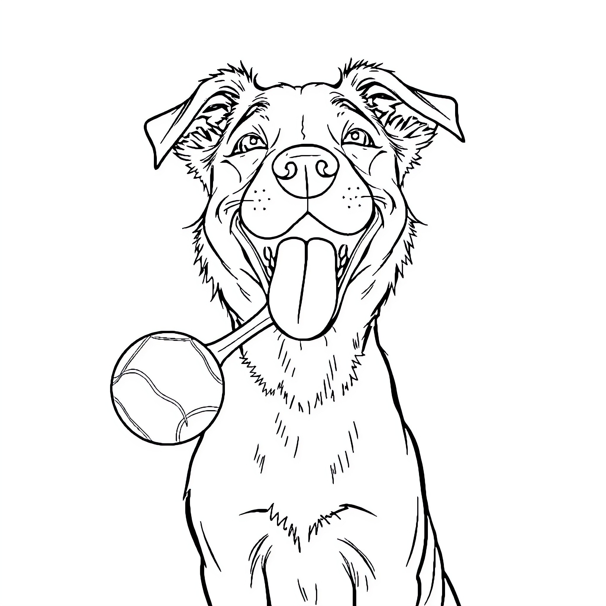Dog playing with tennis ball happily Coloring Page (free black-and-white line drawing printable PDF for all, from beginners to advanced learners, including children, teens, adults, and seniors)