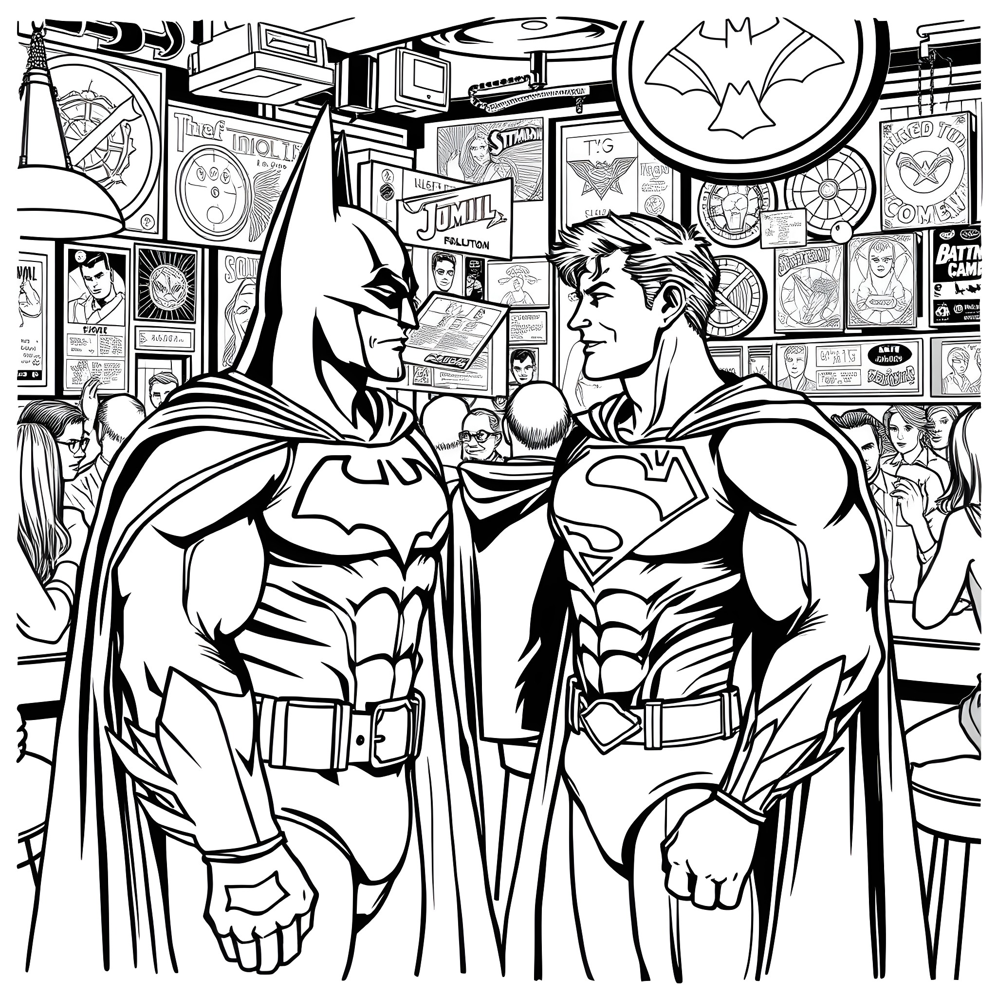 Batman and Superman in a comic book store Coloring Page (free black-and-white line drawing printable PDF for all, from beginners to advanced learners, including children, teens, adults, and seniors)