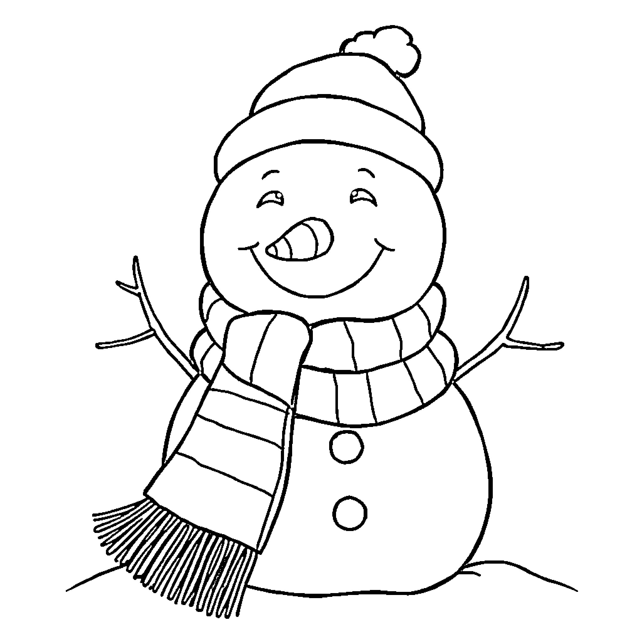Snowman happily smiling in winter attire Coloring Page (free black-and-white line drawing printable PDF for all, from beginners to advanced learners, including children, teens, adults, and seniors)