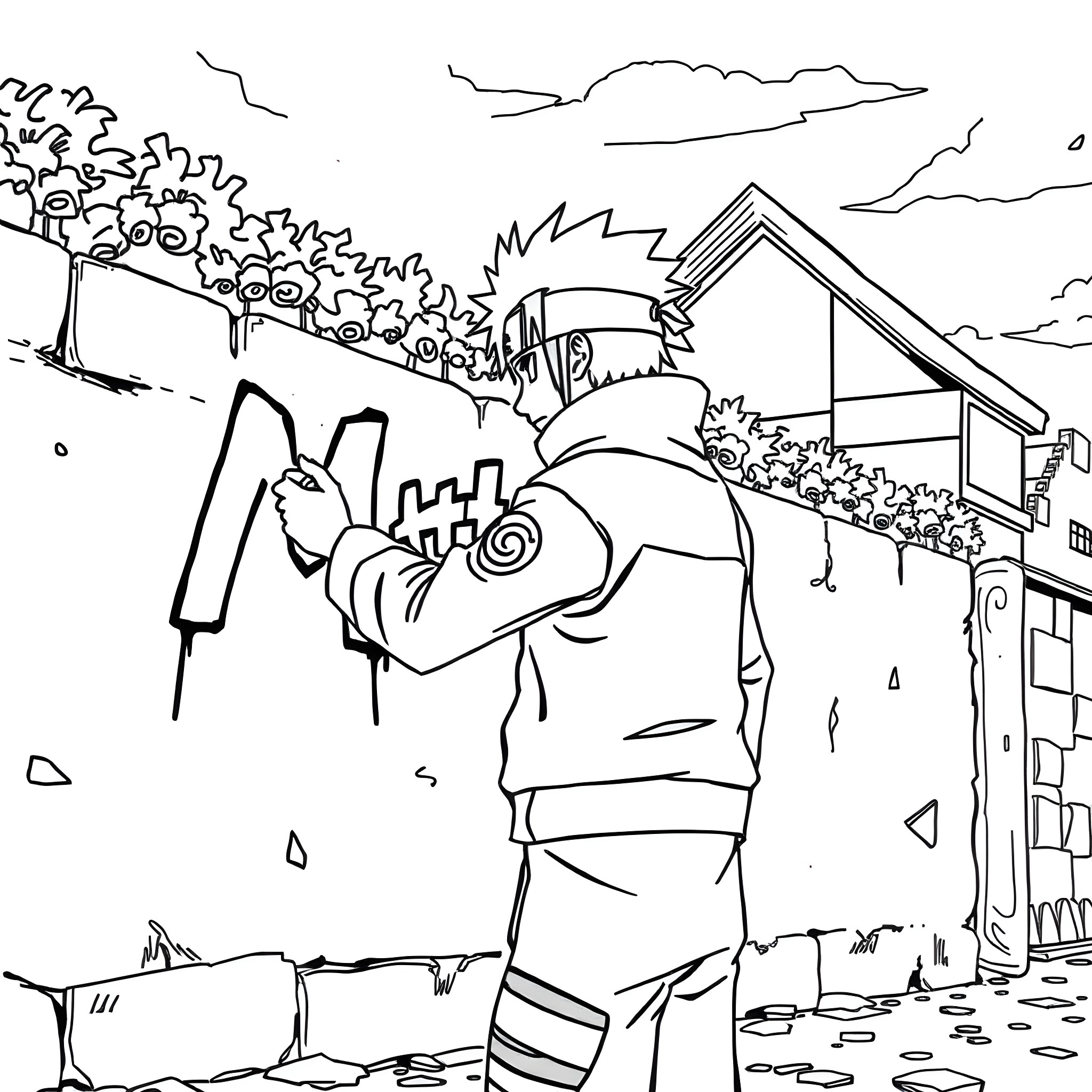 Naruto Character in a Calm Outdoor Scene Coloring Page (free black-and-white line drawing printable PDF for all, from beginners to advanced learners, including children, teens, adults, and seniors)