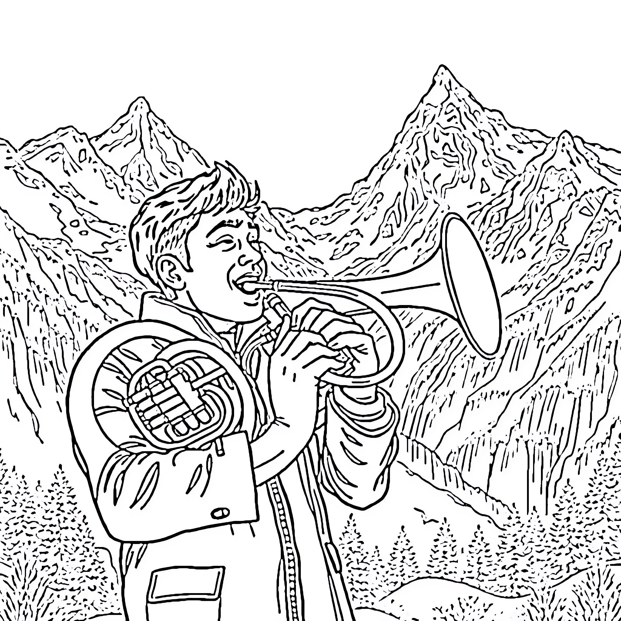 Musician playing horn in the mountains Coloring Page (free black-and-white line drawing printable PDF for all, from beginners to advanced learners, including children, teens, adults, and seniors)