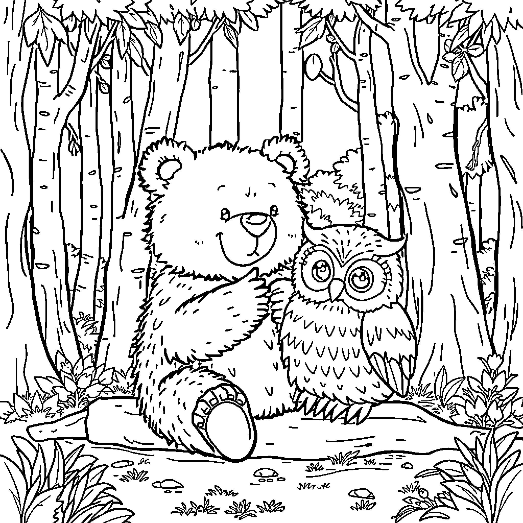 Bear and Owl Exploring the Enchanted Forest Coloring Page (free black-and-white line drawing printable PDF for all, from beginners to advanced learners, including children, teens, adults, and seniors)