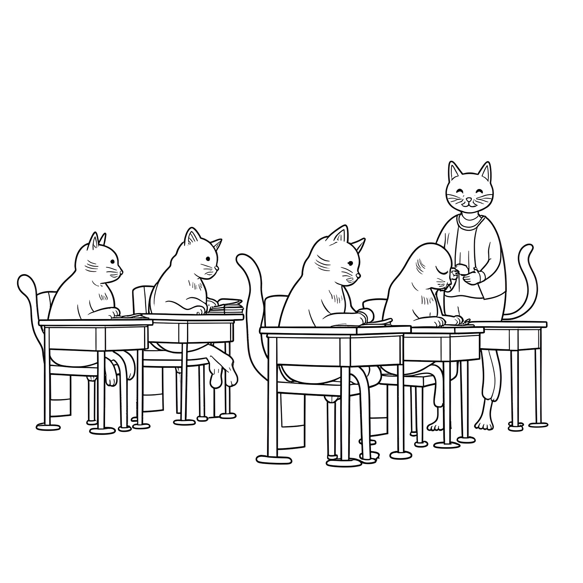 Cats studying diligently in the classroom Coloring Page (free black-and-white line drawing printable PDF for all, from beginners to advanced learners, including children, teens, adults, and seniors)