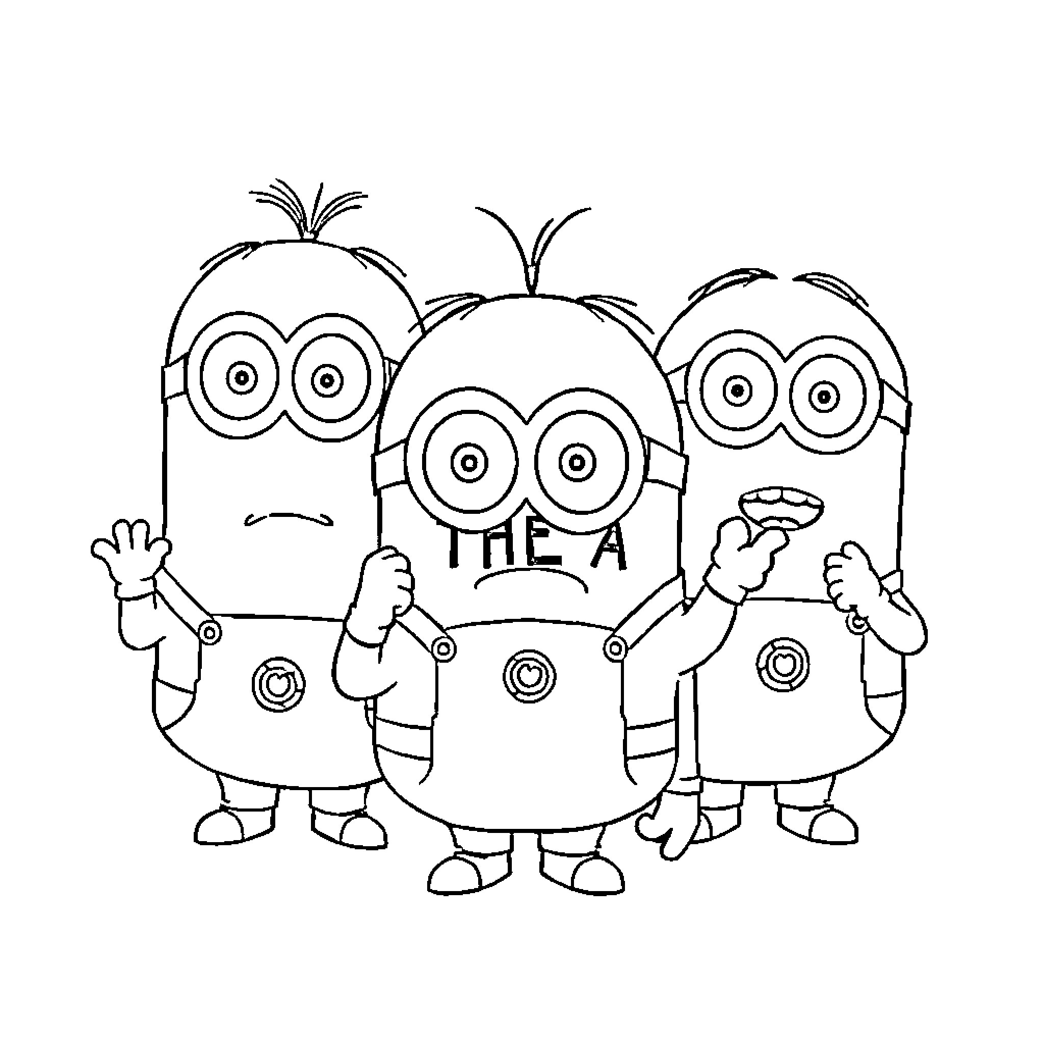 Minions standing together with curious and silly expressions Coloring Page (free black-and-white line drawing printable PDF for all, from beginners to advanced learners, including children, teens, adults, and seniors)