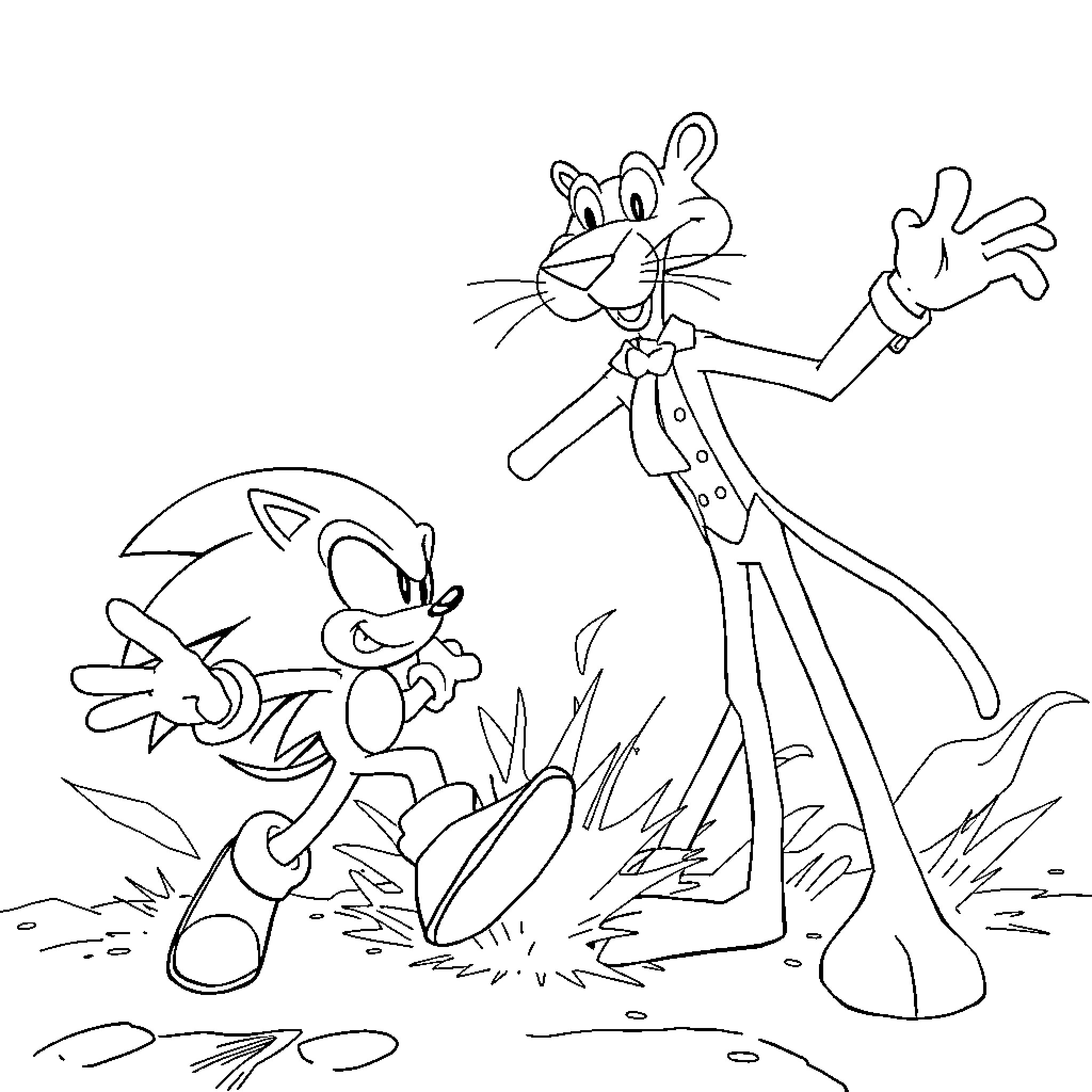 Sonic characters in animated action poses Coloring Page (free black-and-white line drawing printable PDF for all, from beginners to advanced learners, including children, teens, adults, and seniors)