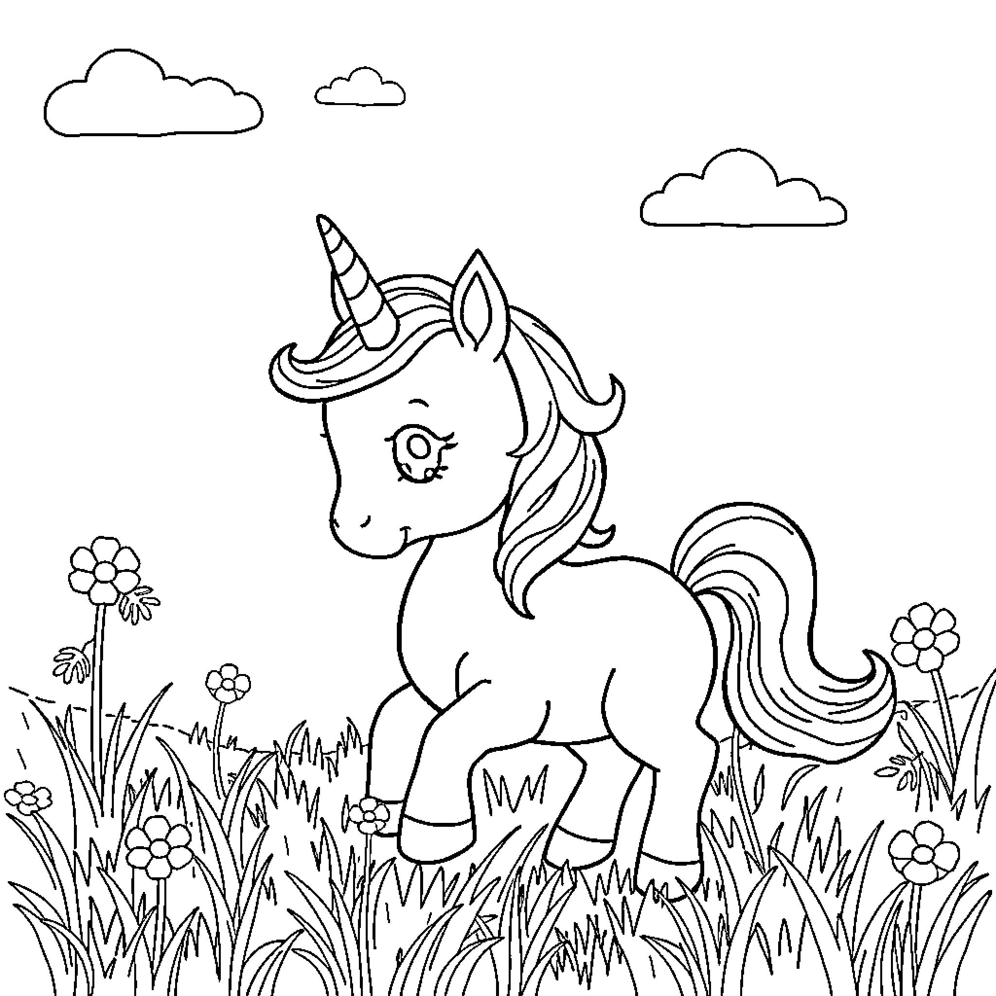 Unicorn standing in a grassy field Coloring Page (free black-and-white line drawing printable PDF for all, from beginners to advanced learners, including children, teens, adults, and seniors)