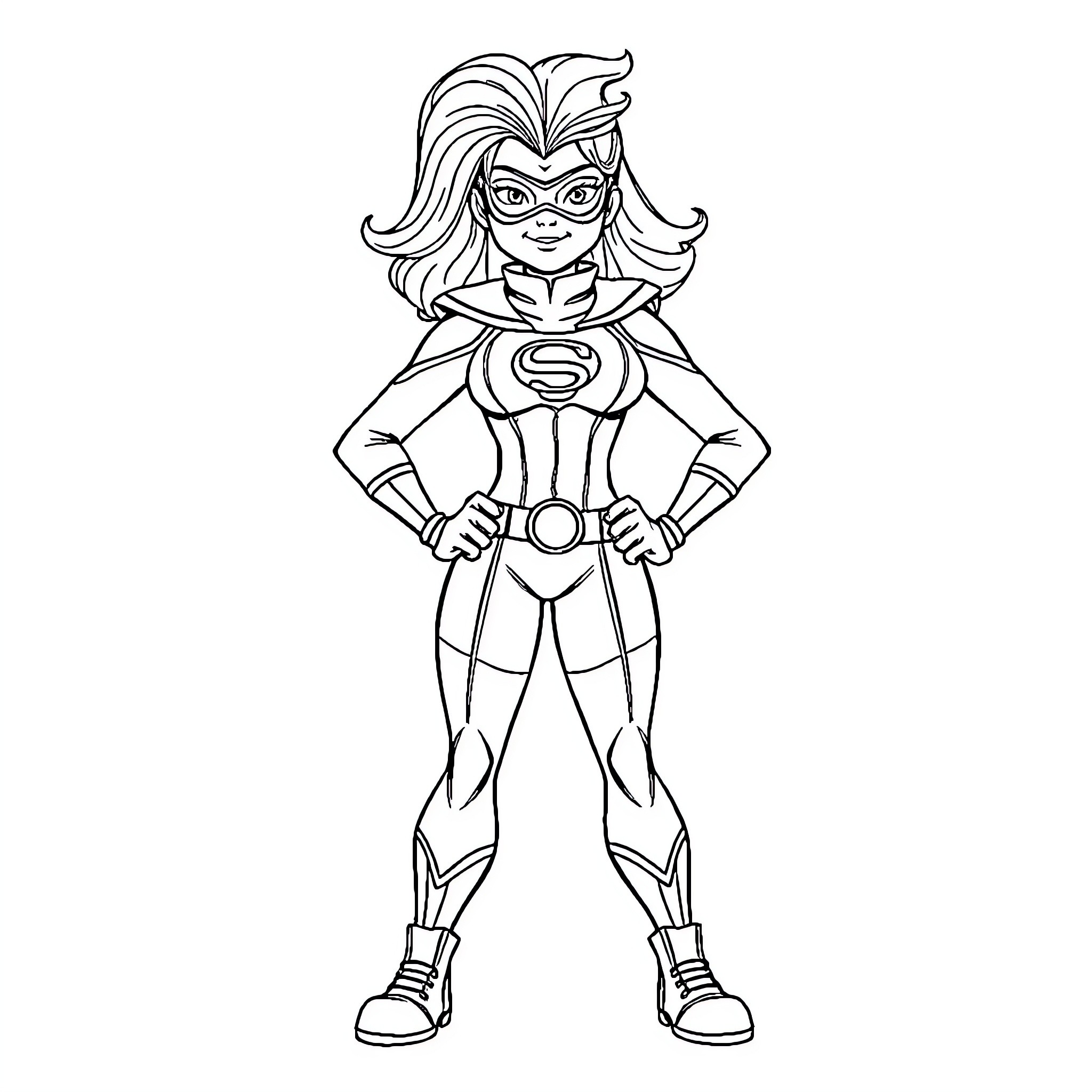 Mal's Heroic Pose in Costume Coloring Page (free black-and-white line drawing printable PDF for all, from beginners to advanced learners, including children, teens, adults, and seniors)
