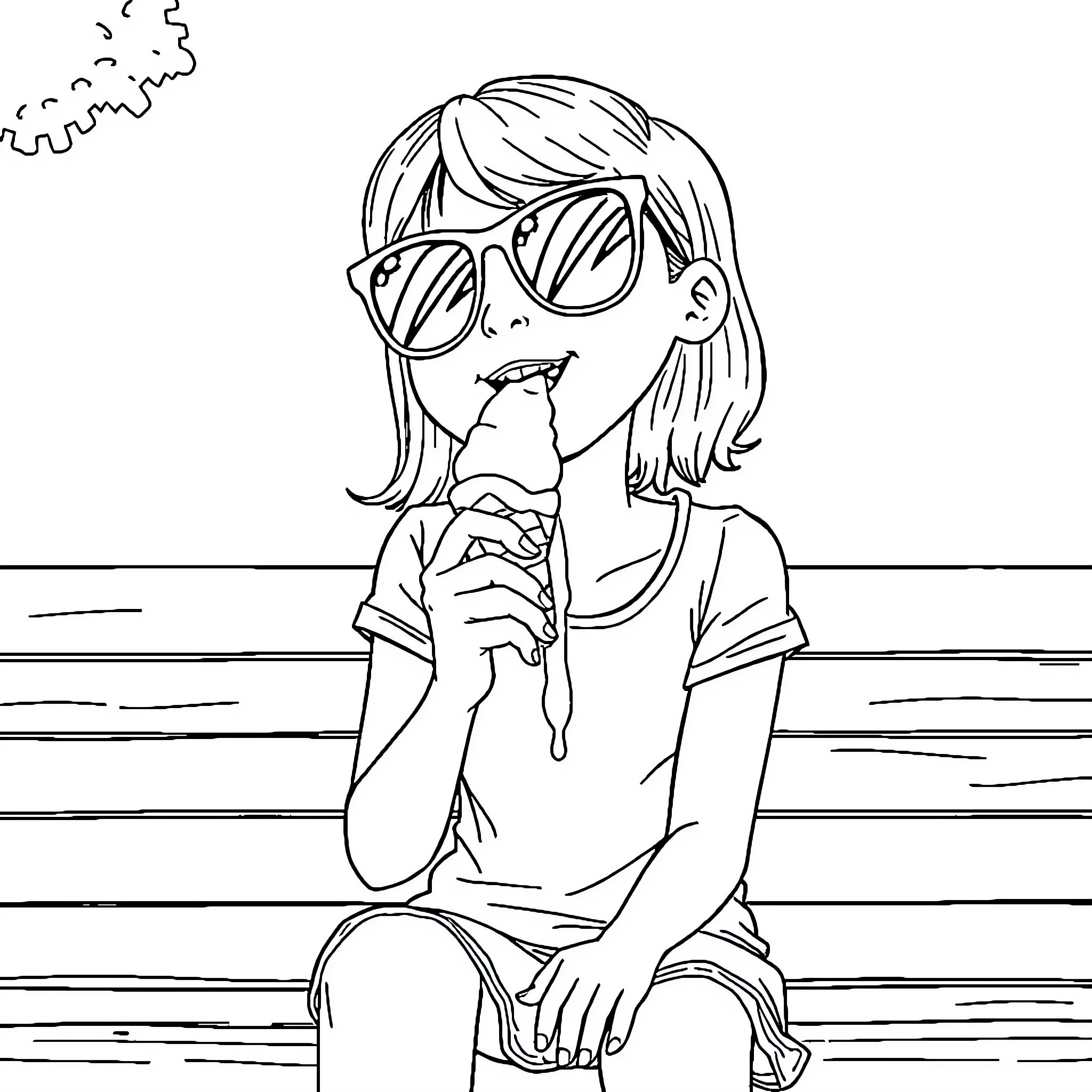 Girl Enjoying a Tasty Ice Cream on the Bench Coloring Page (free black-and-white line drawing printable PDF for all, from beginners to advanced learners, including children, teens, adults, and seniors)
