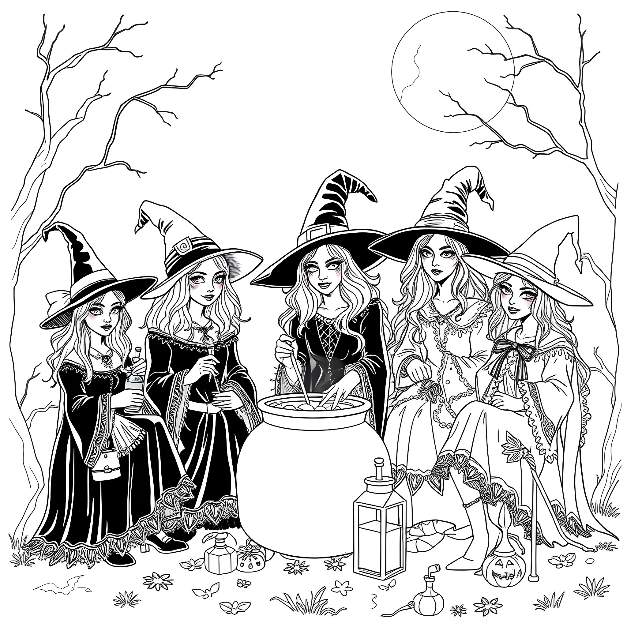 Sanderson Sisters Performing a Magical Ritual under the Moonlight Coloring Page (free black-and-white line drawing printable PDF for all, from beginners to advanced learners, including children, teens, adults, and seniors)