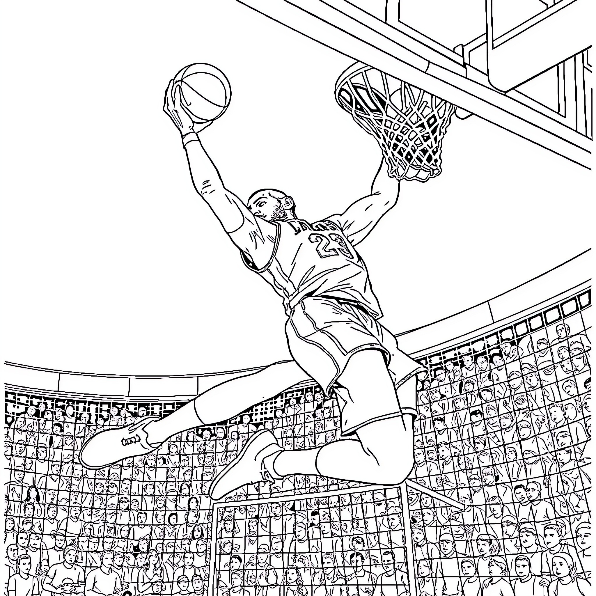 LeBron James Dunking Powerfully in Basketball Arena Coloring Page (free black-and-white line drawing printable PDF for all, from beginners to advanced learners, including children, teens, adults, and seniors)