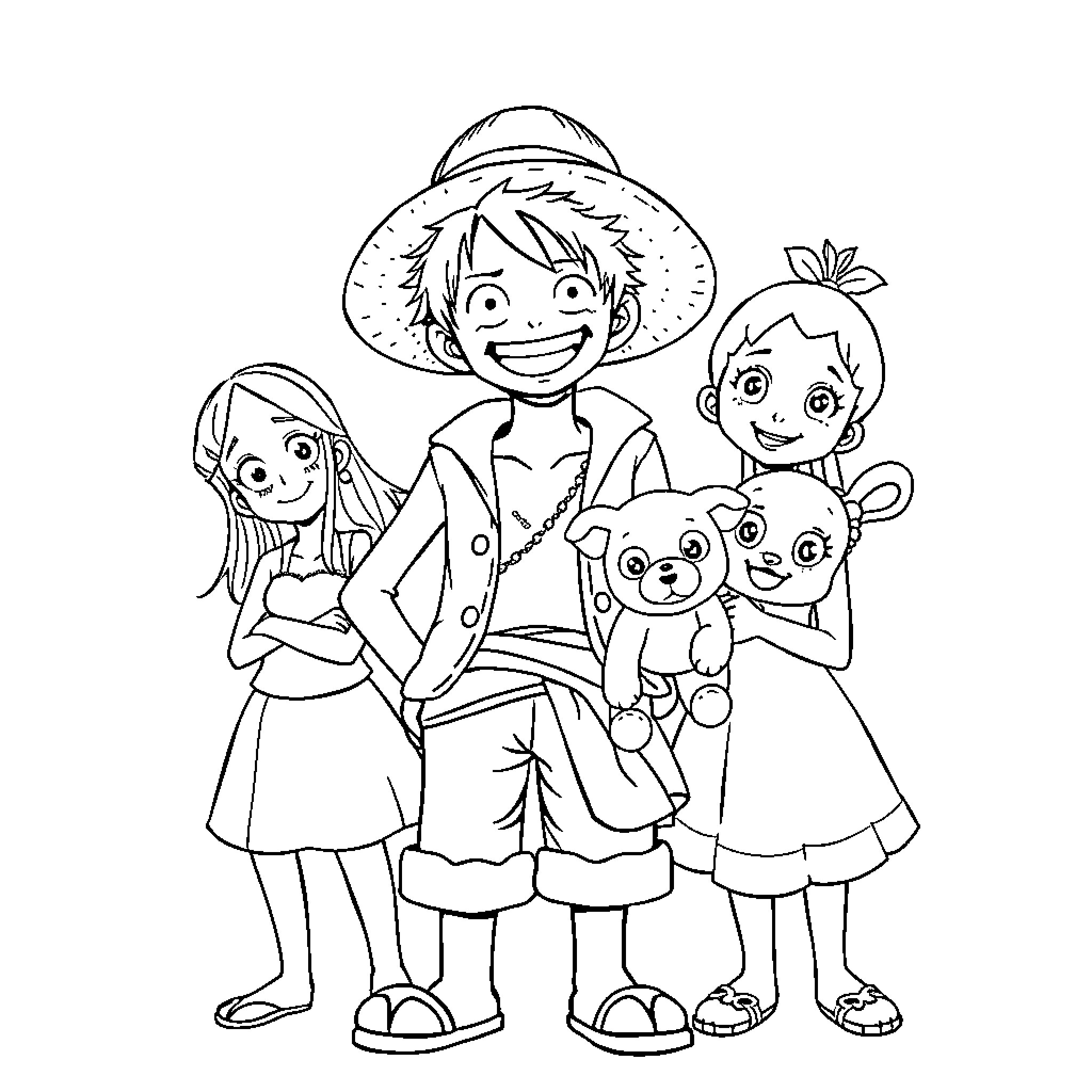 Monkey D Luffy and his friends on an adventure Coloring Page (free black-and-white line drawing printable PDF for all, from beginners to advanced learners, including children, teens, adults, and seniors)