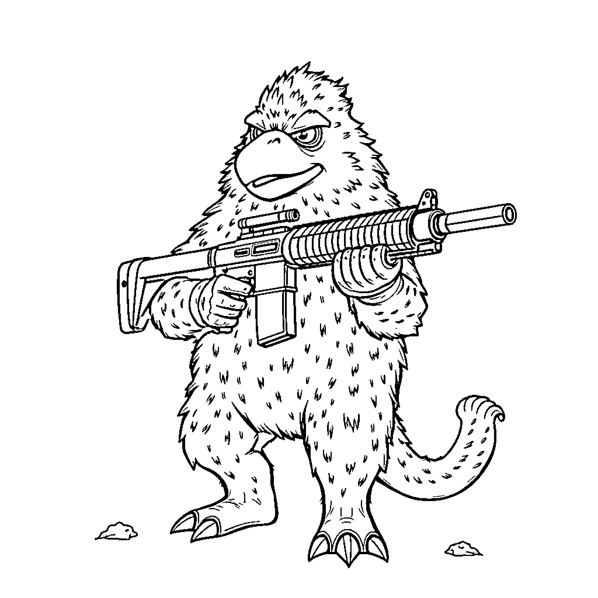 Chupacabra holding a weapon and ready for combat Coloring Page (free black-and-white line drawing printable PDF for all, from beginners to advanced learners, including children, teens, adults, and seniors)