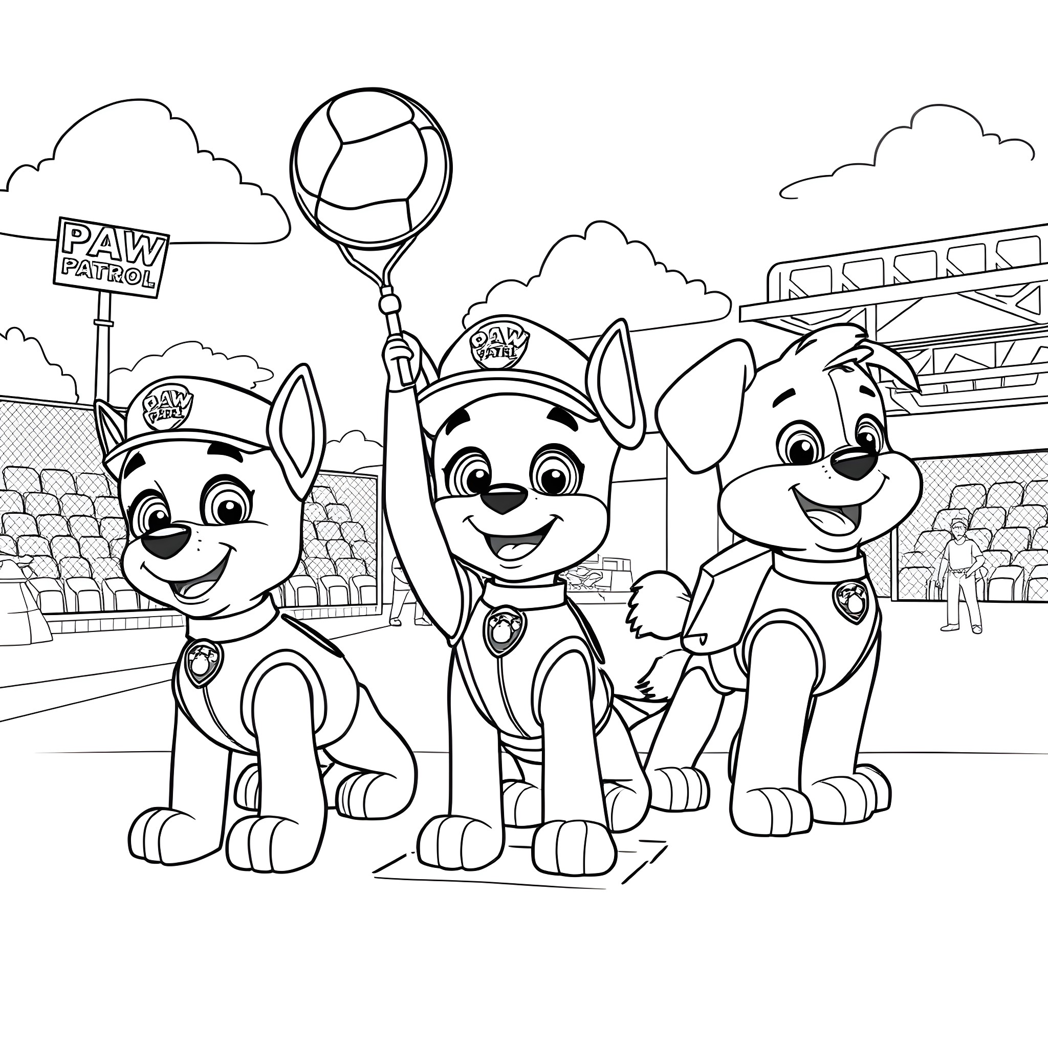 Paw Patrol Pups Playing Happily in Playground Coloring Page (free black-and-white line drawing printable PDF for all, from beginners to advanced learners, including children, teens, adults, and seniors)