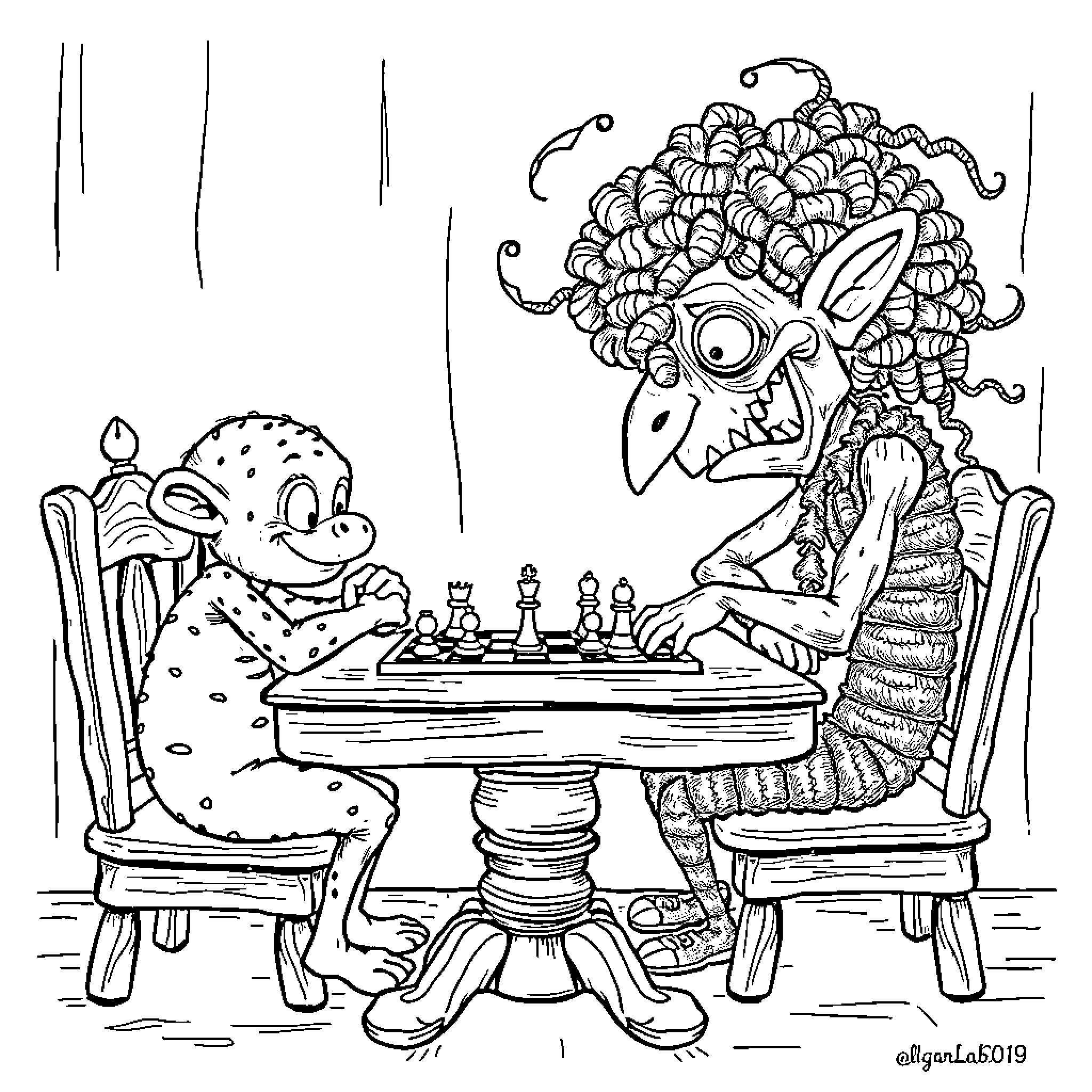 Labubu's Chess Match with a Fantastical Creature Coloring Page (free black-and-white line drawing printable PDF for all, from beginners to advanced learners, including children, teens, adults, and seniors)