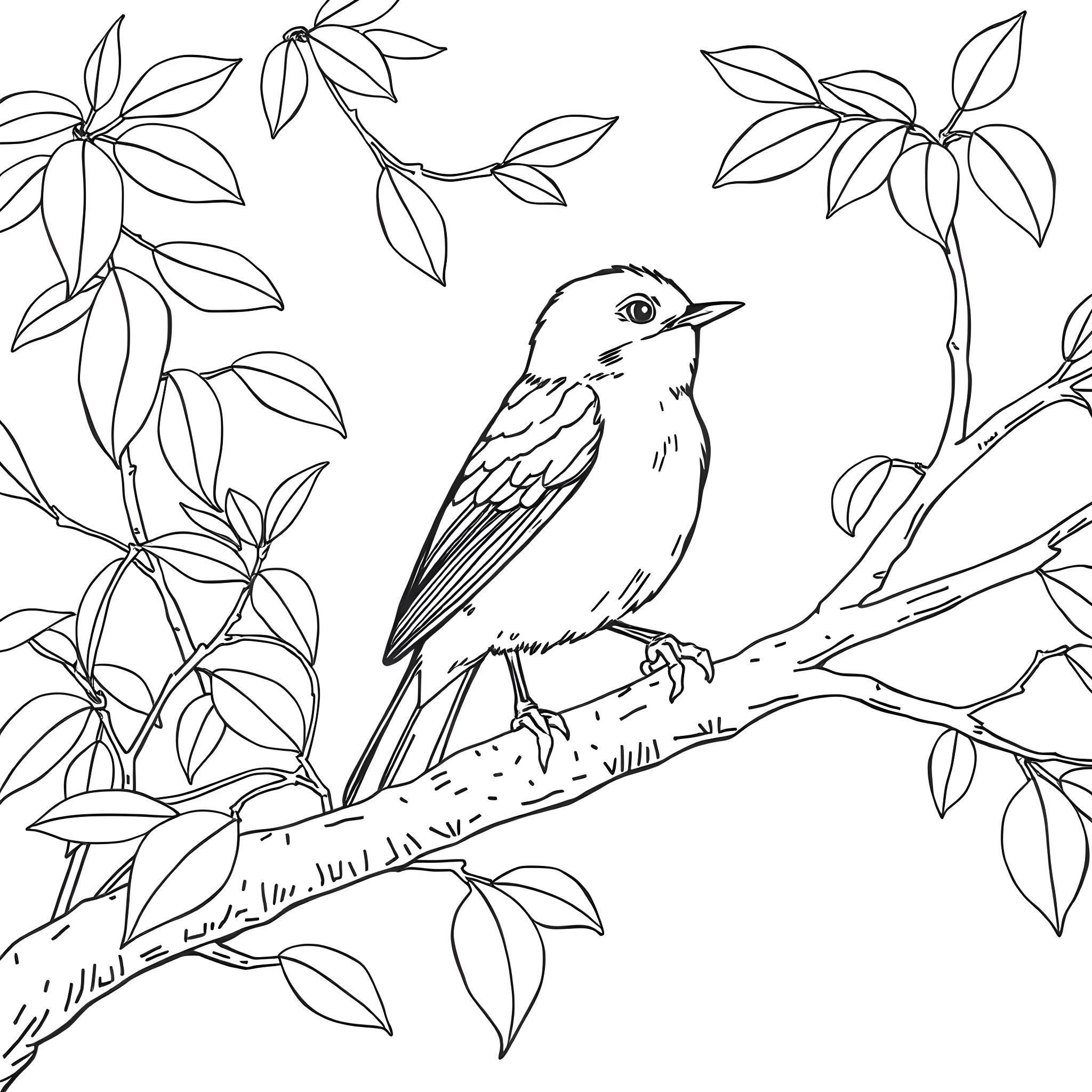 Spinus Tristis perched amidst lush foliage Coloring Page (free black-and-white line drawing printable PDF for all, from beginners to advanced learners, including children, teens, adults, and seniors)
