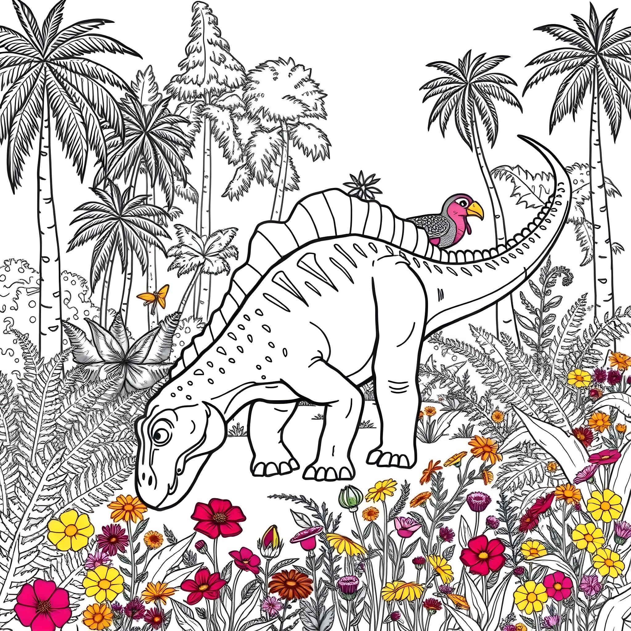 Dinosaur roaming through tropical jungle landscape Coloring Page (free black-and-white line drawing printable PDF for all, from beginners to advanced learners, including children, teens, adults, and seniors)