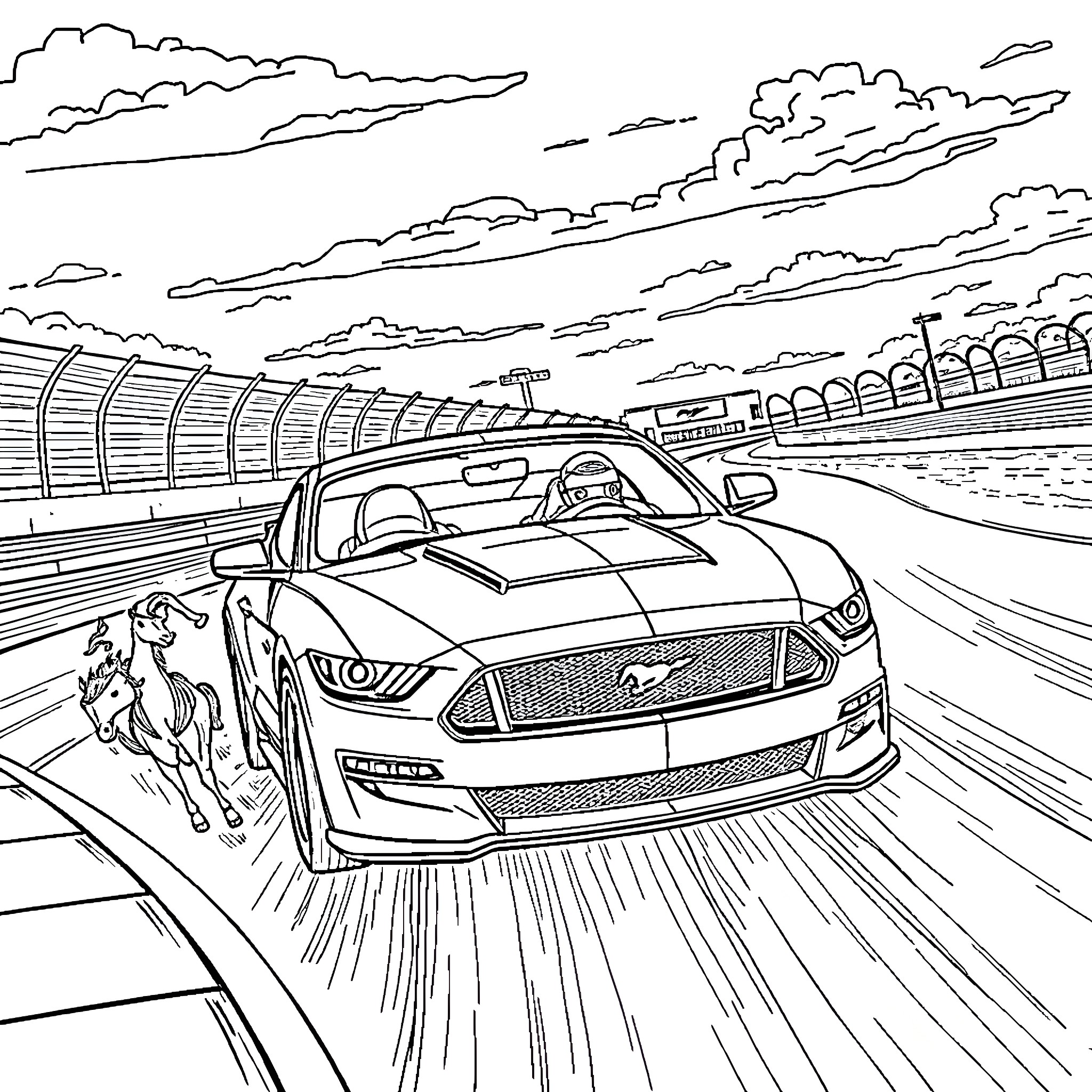 Mustang racing on the highway with speed and power Coloring Page (free black-and-white line drawing printable PDF for all, from beginners to advanced learners, including children, teens, adults, and seniors)