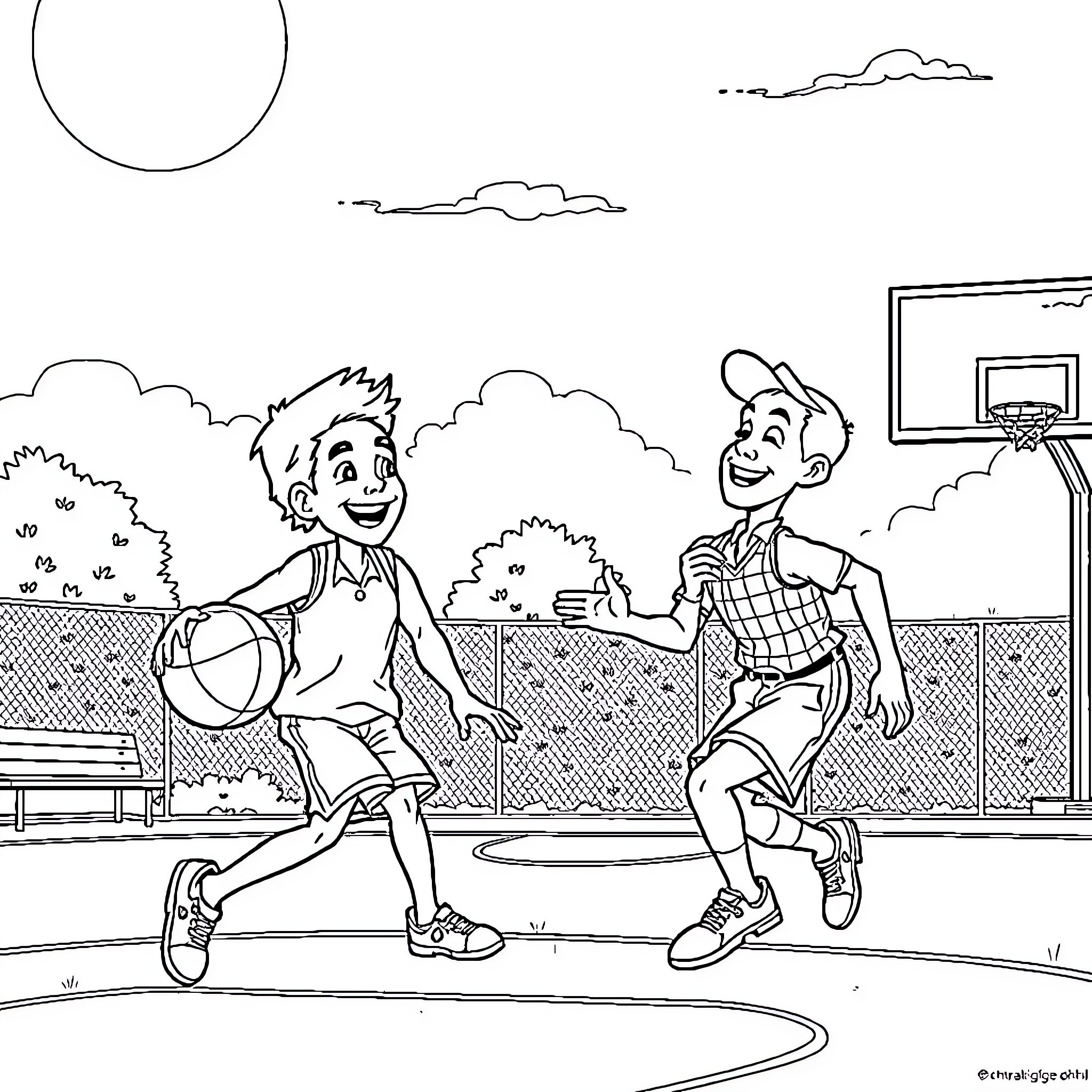 Forest Gump plays basketball with friend on court Coloring Page (free black-and-white line drawing printable PDF for all, from beginners to advanced learners, including children, teens, adults, and seniors)