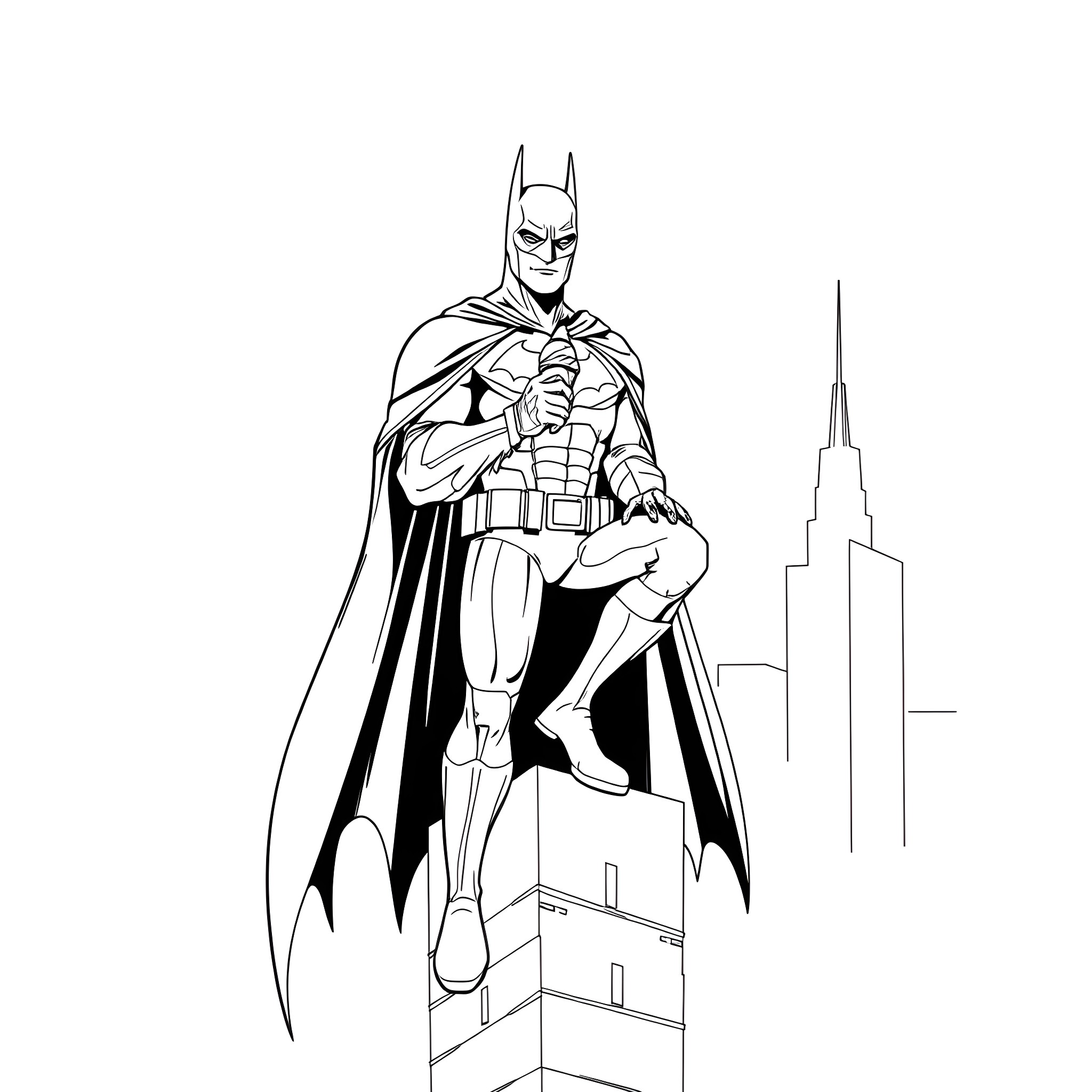 Batman standing atop a skyscraper in heroic pose Coloring Page (free black-and-white line drawing printable PDF for all, from beginners to advanced learners, including children, teens, adults, and seniors)