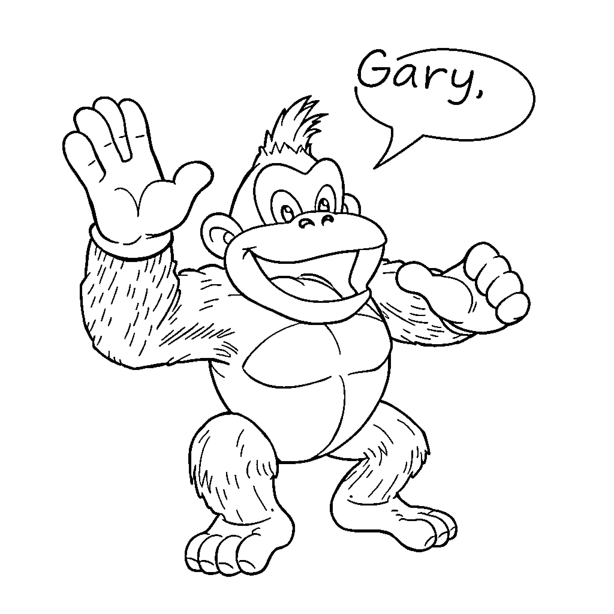 Donkey Kong character waving and saying hello Coloring Page (free black-and-white line drawing printable PDF for all, from beginners to advanced learners, including children, teens, adults, and seniors)