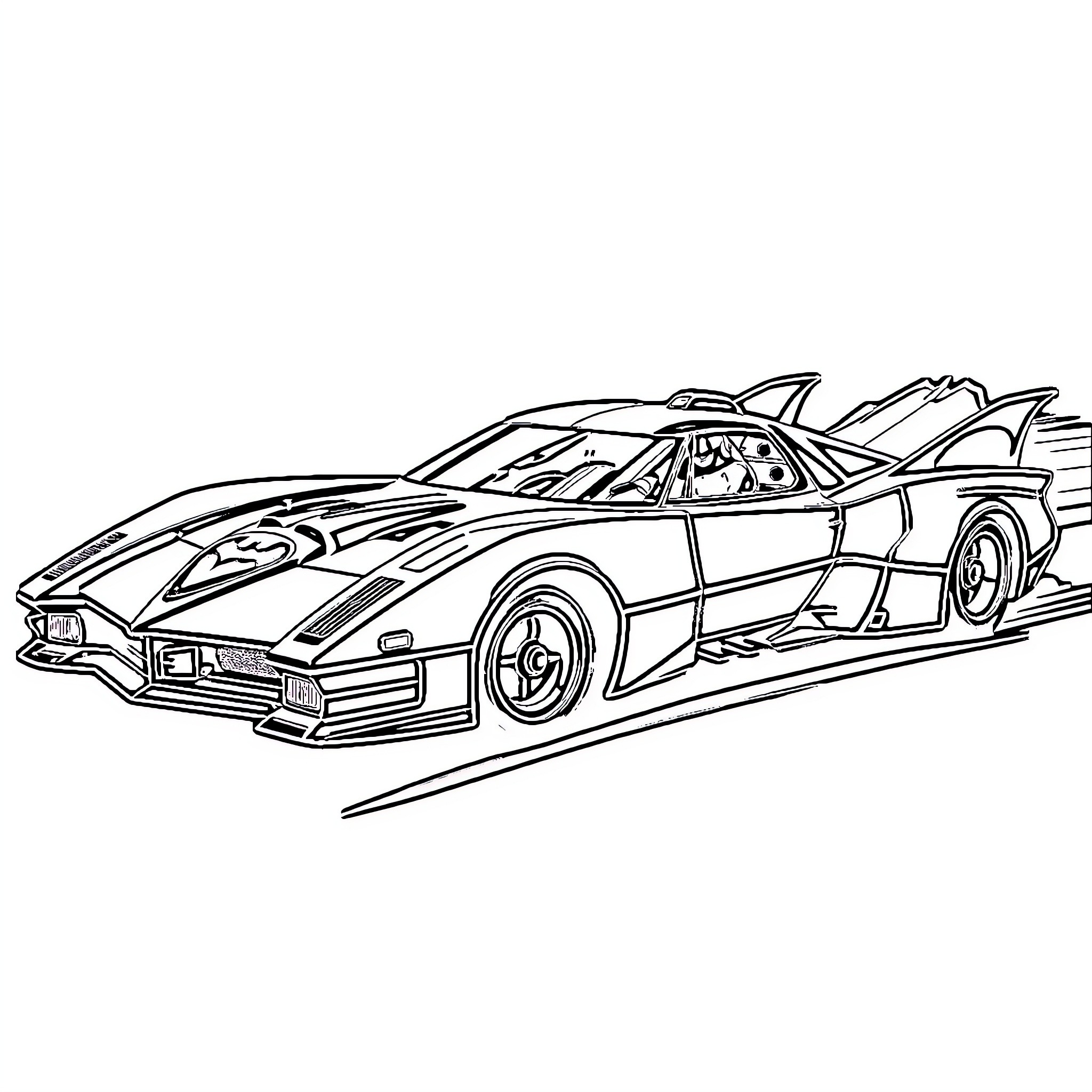 Batmobile in action on the road Coloring Page (free black-and-white line drawing printable PDF for all, from beginners to advanced learners, including children, teens, adults, and seniors)