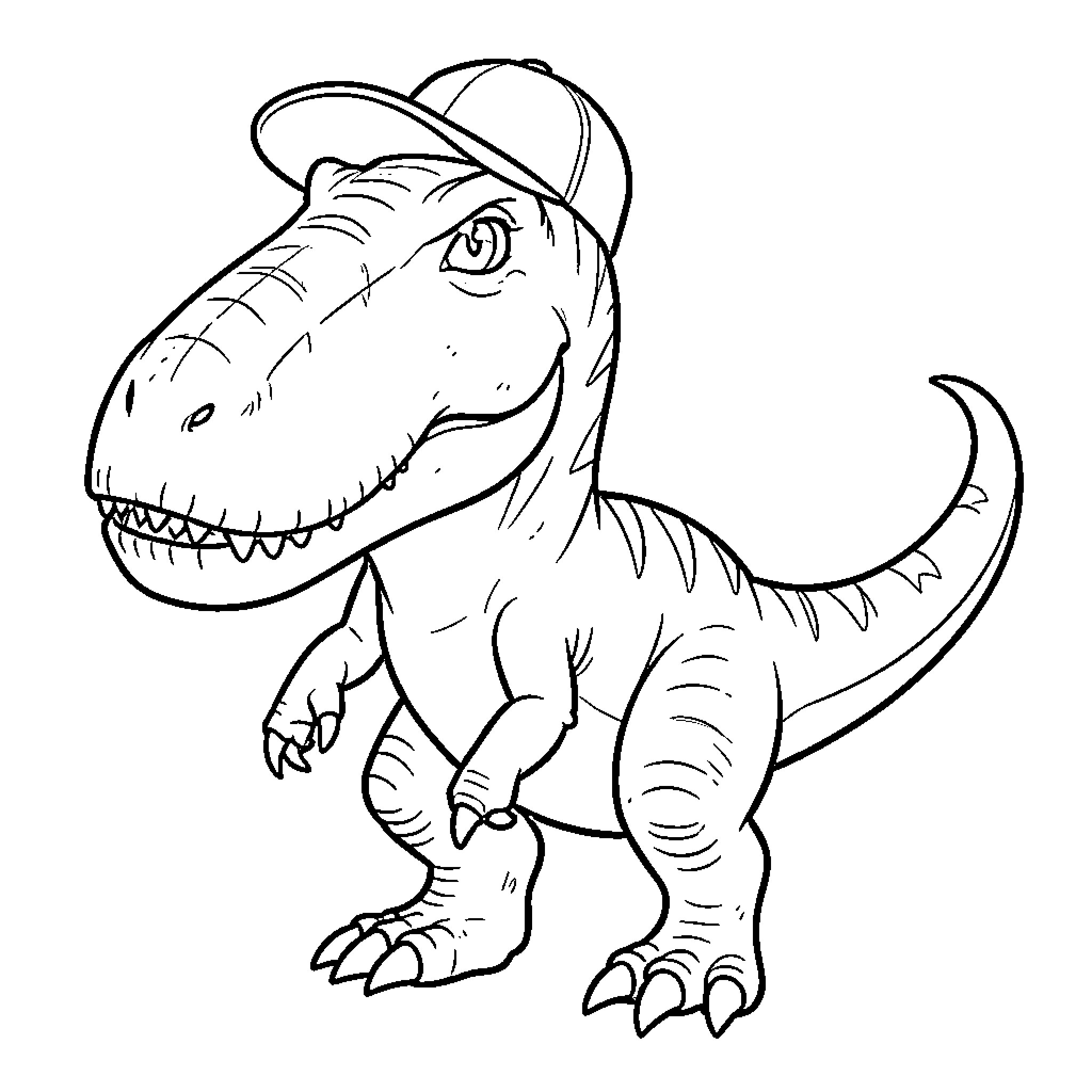 Dinosaur wearing a cap and smiling happily Coloring Page (free black-and-white line drawing printable PDF for all, from beginners to advanced learners, including children, teens, adults, and seniors)