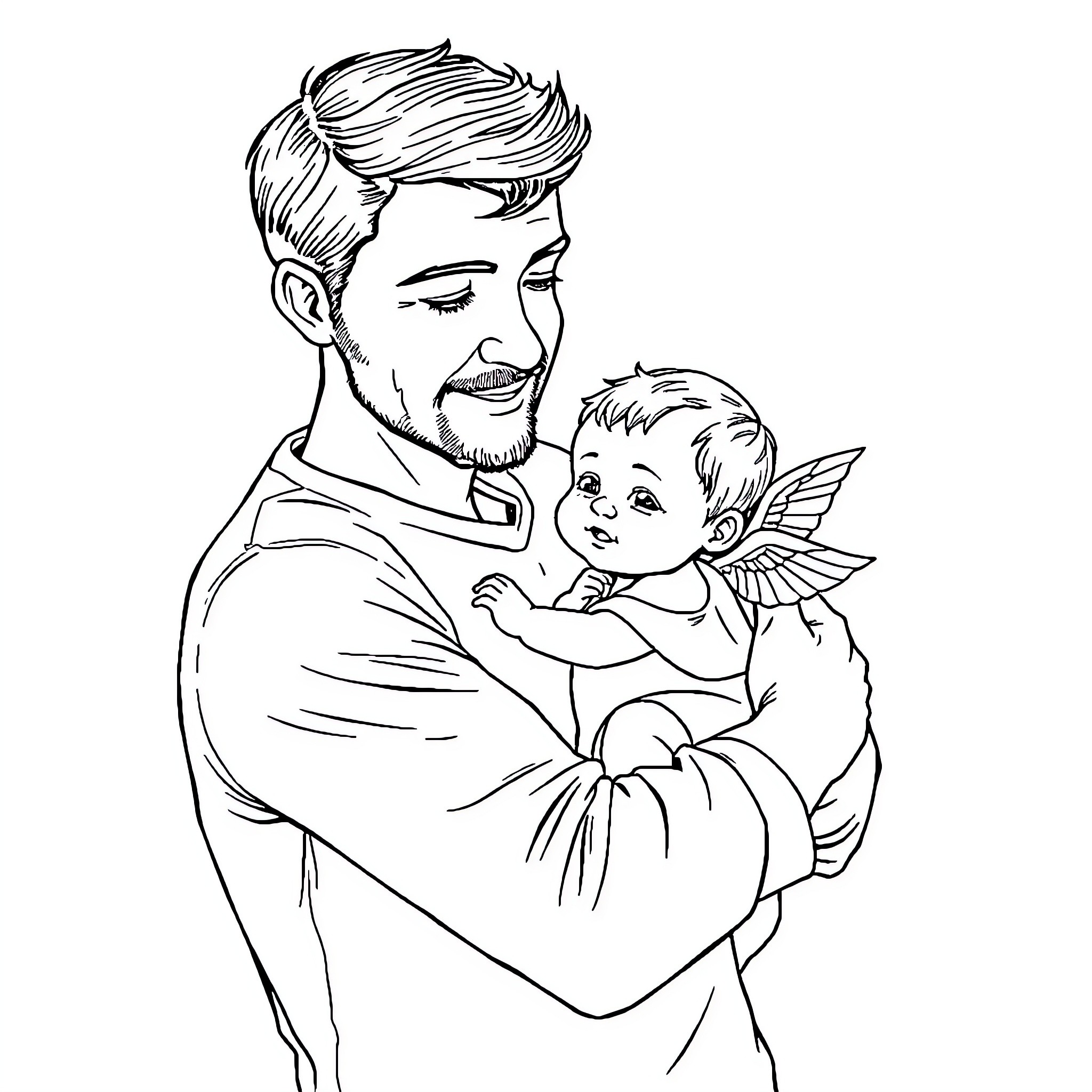 Father holding cherished child with care Coloring Page (free black-and-white line drawing printable PDF for all, from beginners to advanced learners, including children, teens, adults, and seniors)
