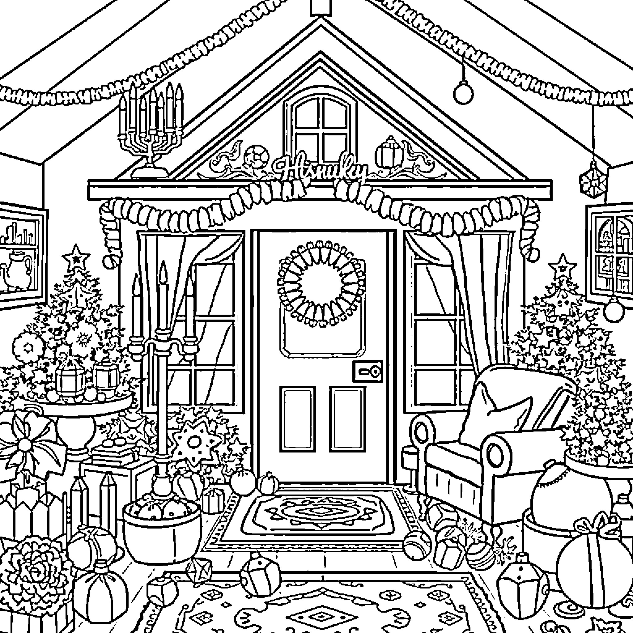 Chanukah Celebration in a Cozy Festive Home Coloring Page (free black-and-white line drawing printable PDF for all, from beginners to advanced learners, including children, teens, adults, and seniors)
