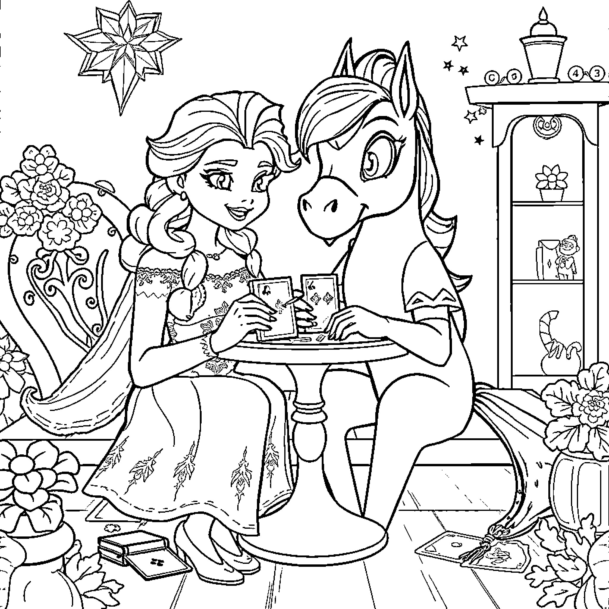 Elsa enjoying tea time with her unicorn friend Coloring Page (free black-and-white line drawing printable PDF for all, from beginners to advanced learners, including children, teens, adults, and seniors)