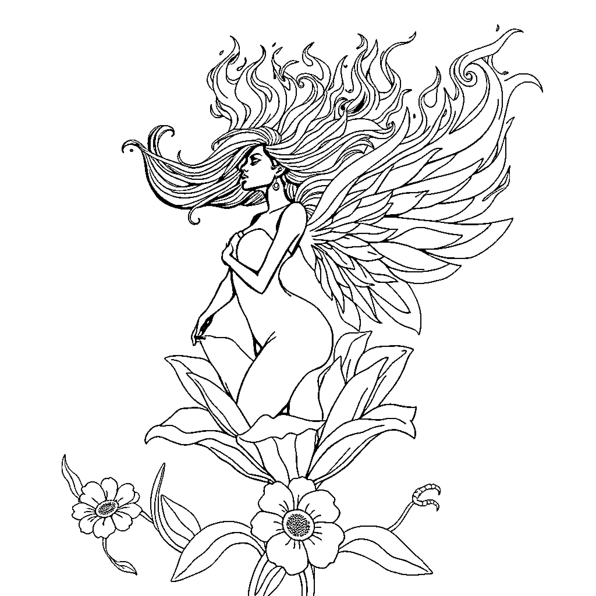 Woman with Ethereal Winged Appearance in Floral Scene Coloring Page (free black-and-white line drawing printable PDF for all, from beginners to advanced learners, including children, teens, adults, and seniors)