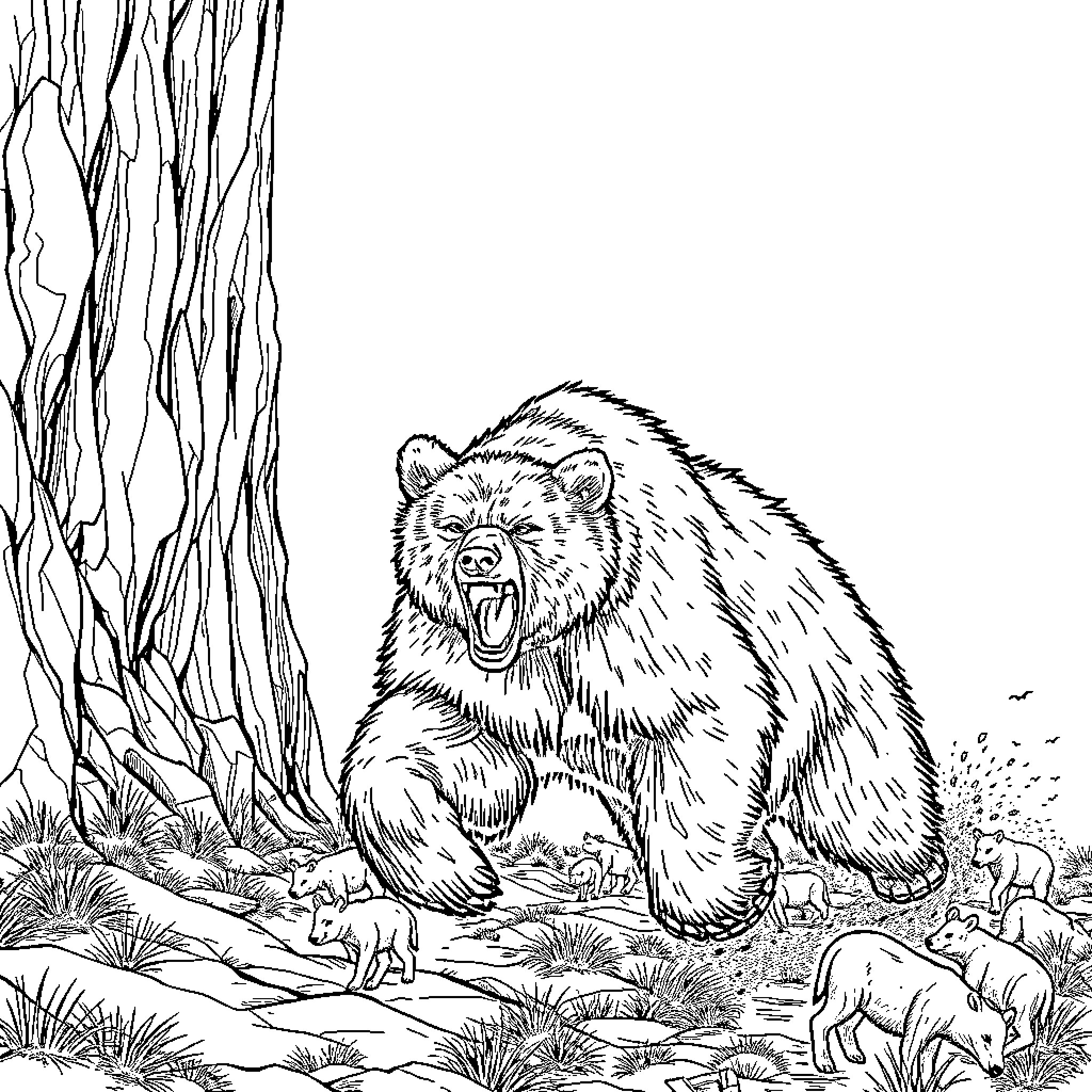 Bear roaring in the wilderness Coloring Page (free black-and-white line drawing printable PDF for all, from beginners to advanced learners, including children, teens, adults, and seniors)