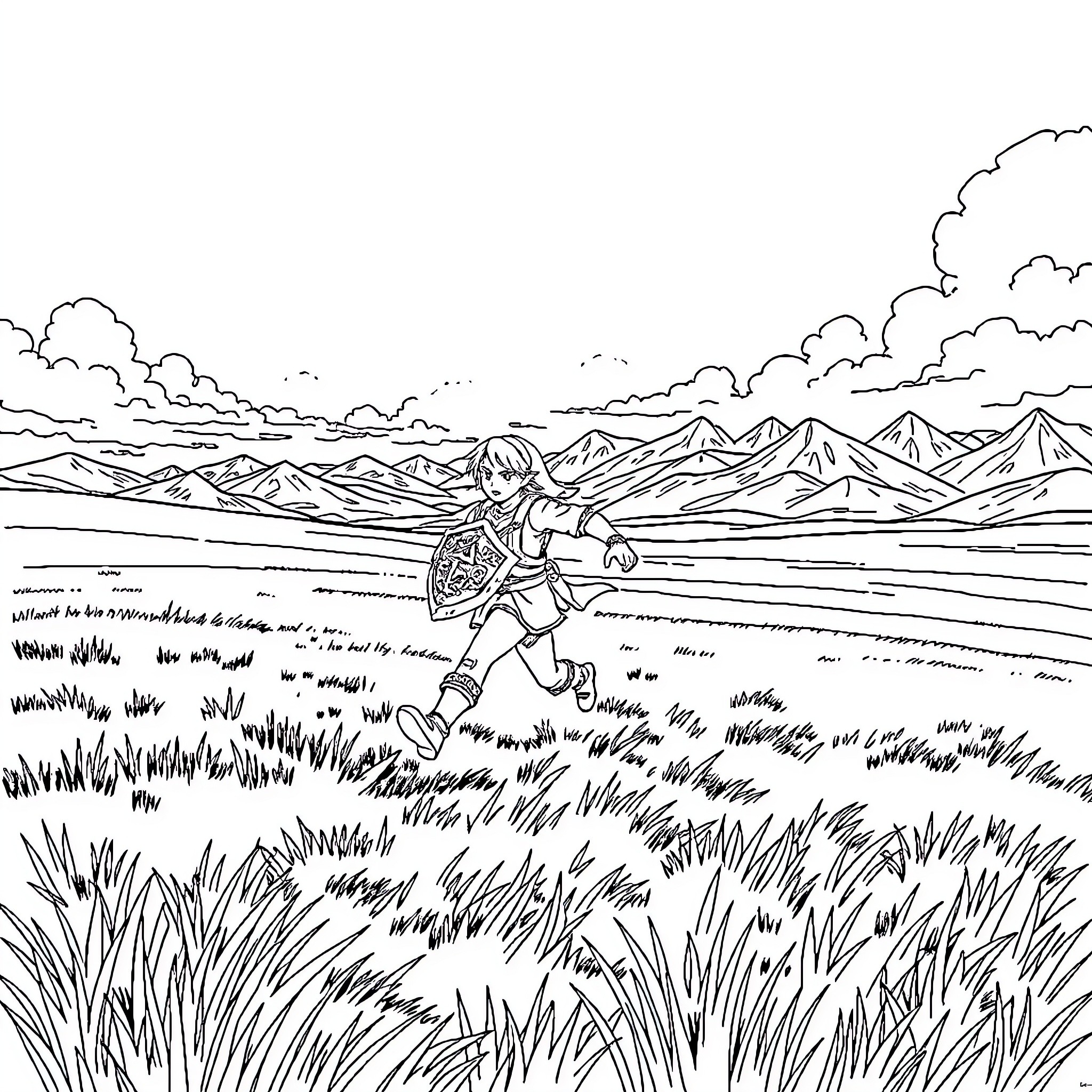 Link Adventuring Through the Mountainous Landscape Coloring Page (free black-and-white line drawing printable PDF for all, from beginners to advanced learners, including children, teens, adults, and seniors)