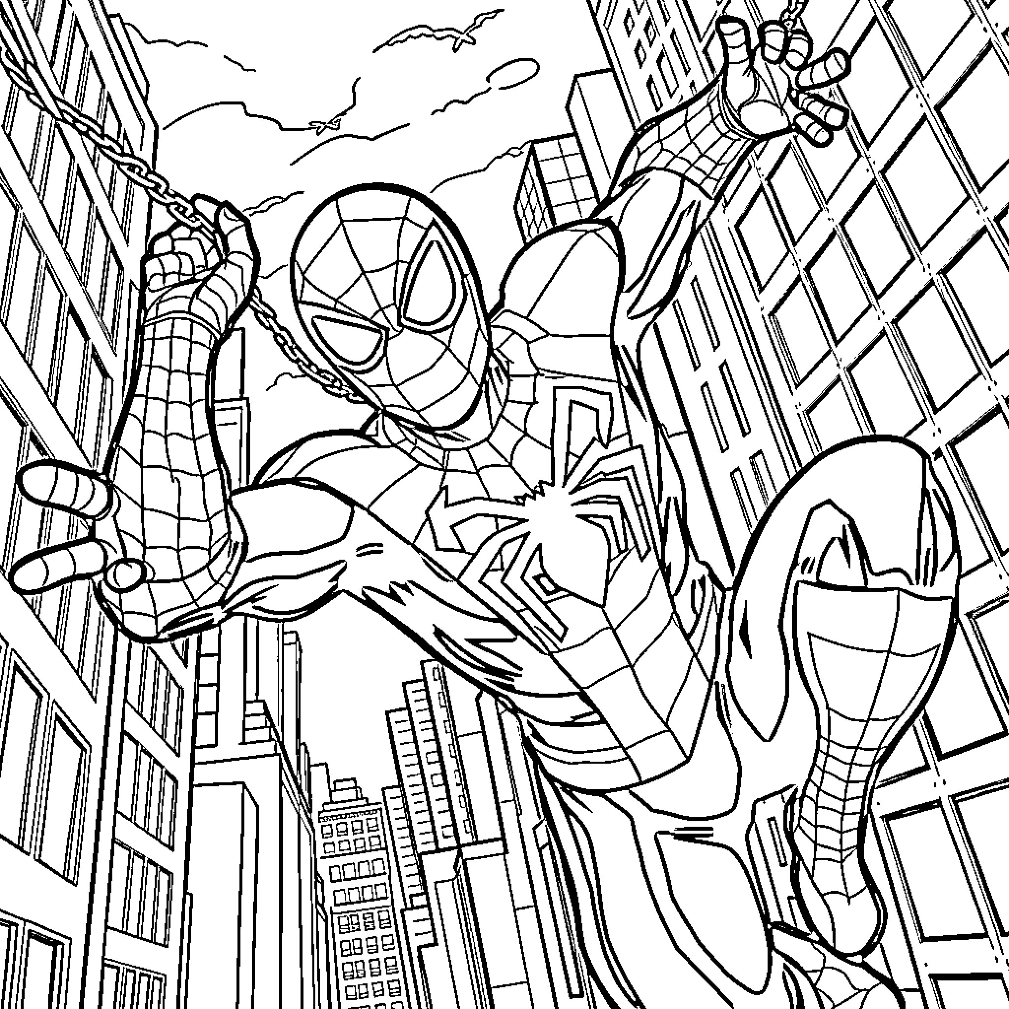 Spiderman swinging through the city skyline Coloring Page (free black-and-white line drawing printable PDF for all, from beginners to advanced learners, including children, teens, adults, and seniors)