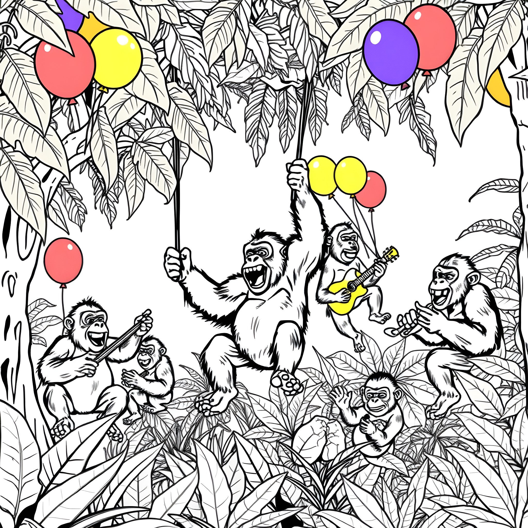 Gorillas playing happily with colorful balloons in the jungle Coloring Page (free black-and-white line drawing printable PDF for all, from beginners to advanced learners, including children, teens, adults, and seniors)