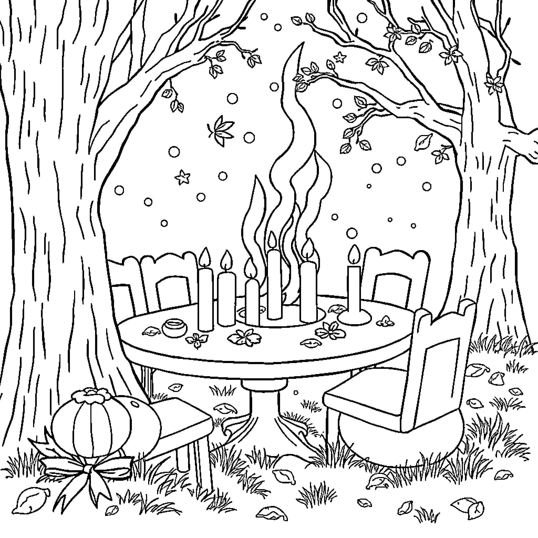 Bird Furniture in a Whimsical Forest Coloring Page (free black-and-white line drawing printable PDF for all, from beginners to advanced learners, including children, teens, adults, and seniors)