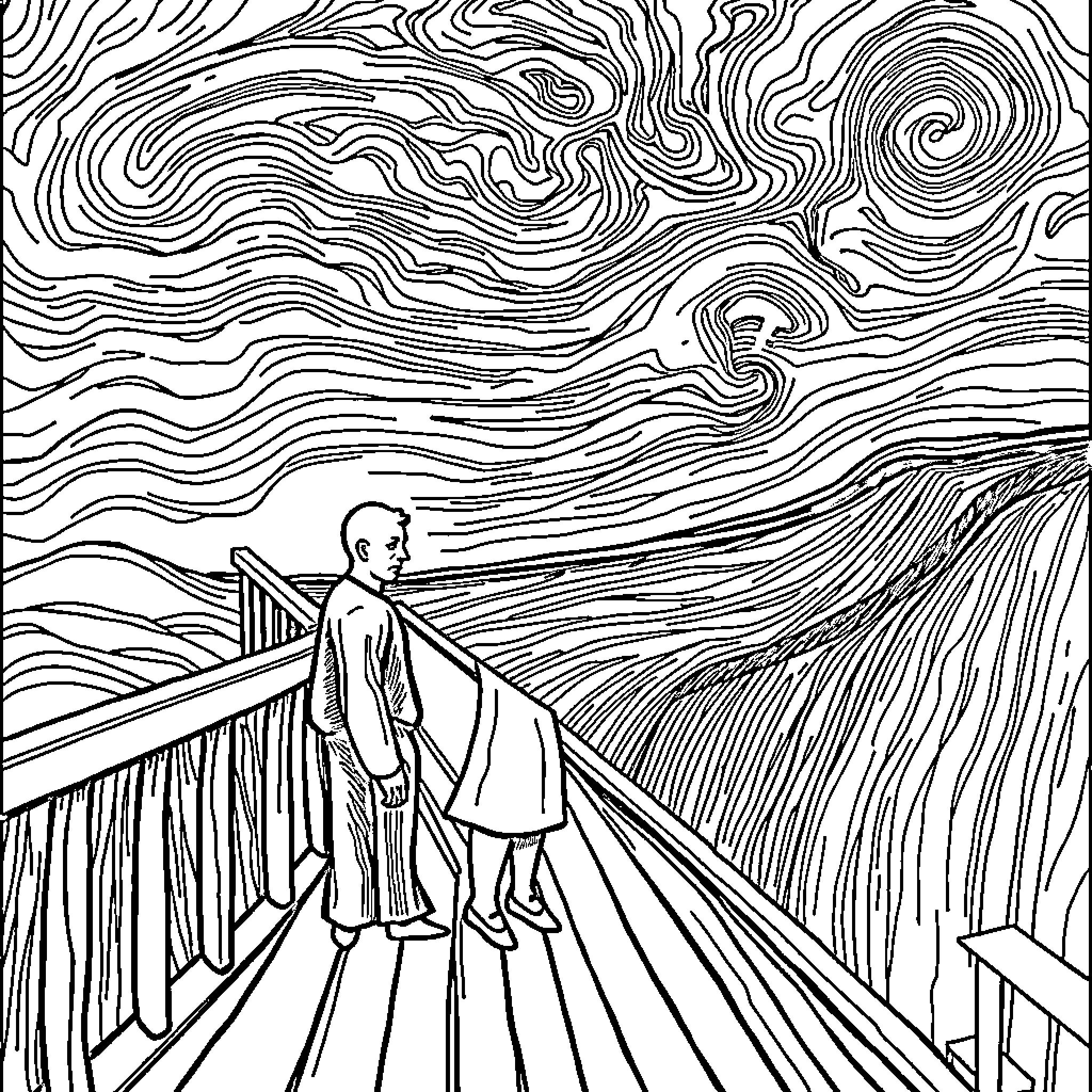 Scream of Solitude on the Walkway Coloring Page (free black-and-white line drawing printable PDF for all, from beginners to advanced learners, including children, teens, adults, and seniors)