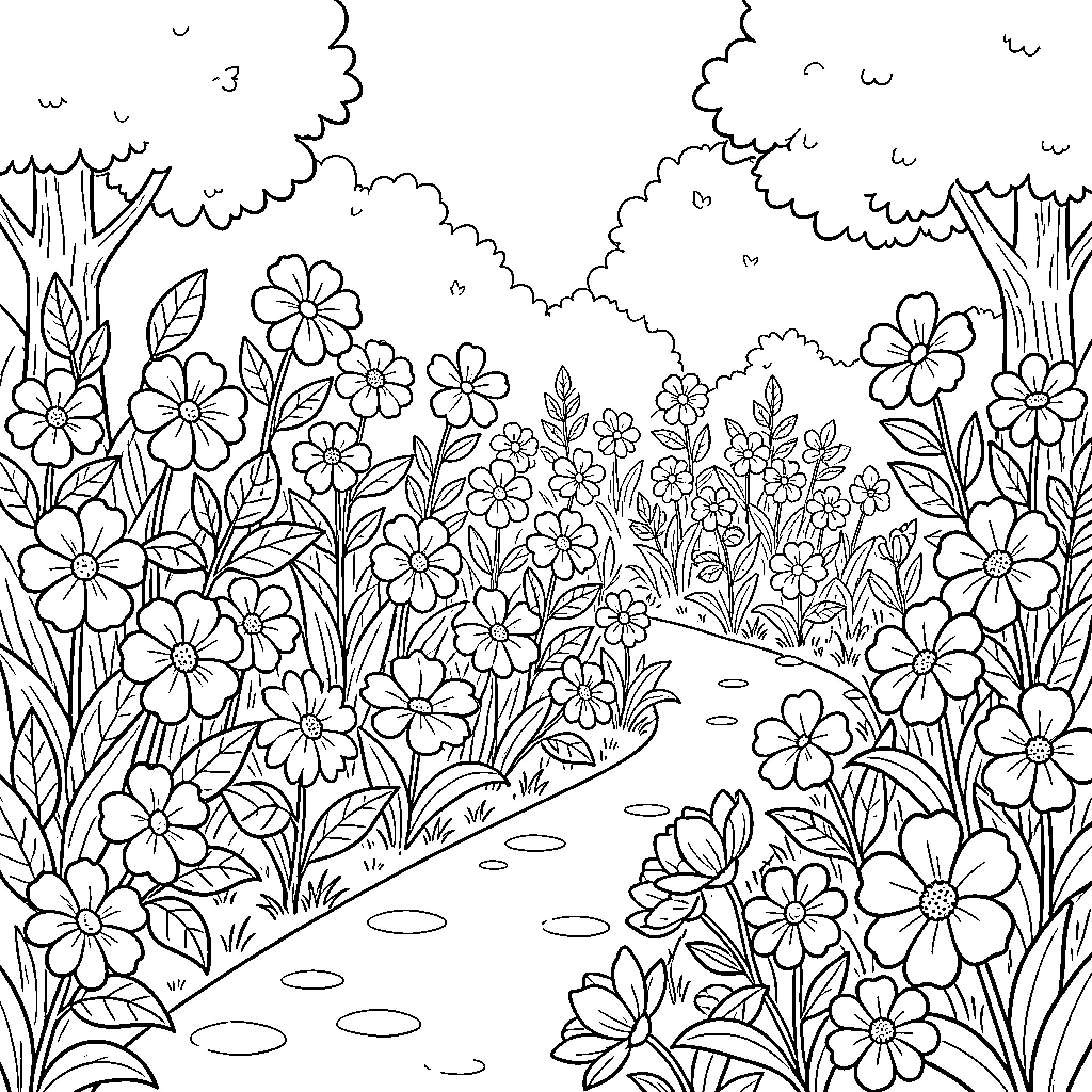 Flower garden path winding through a lush meadow Coloring Page (free black-and-white line drawing printable PDF for all, from beginners to advanced learners, including children, teens, adults, and seniors)