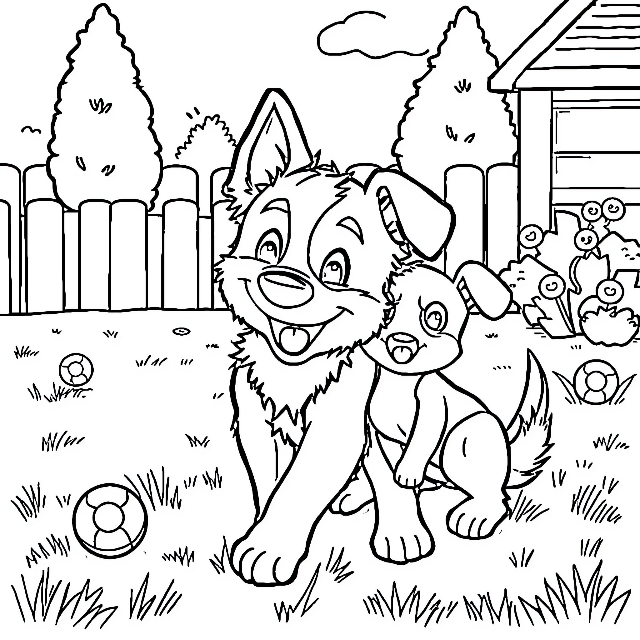 Bluey playing happily with puppy in the yard Coloring Page (free black-and-white line drawing printable PDF for all, from beginners to advanced learners, including children, teens, adults, and seniors)