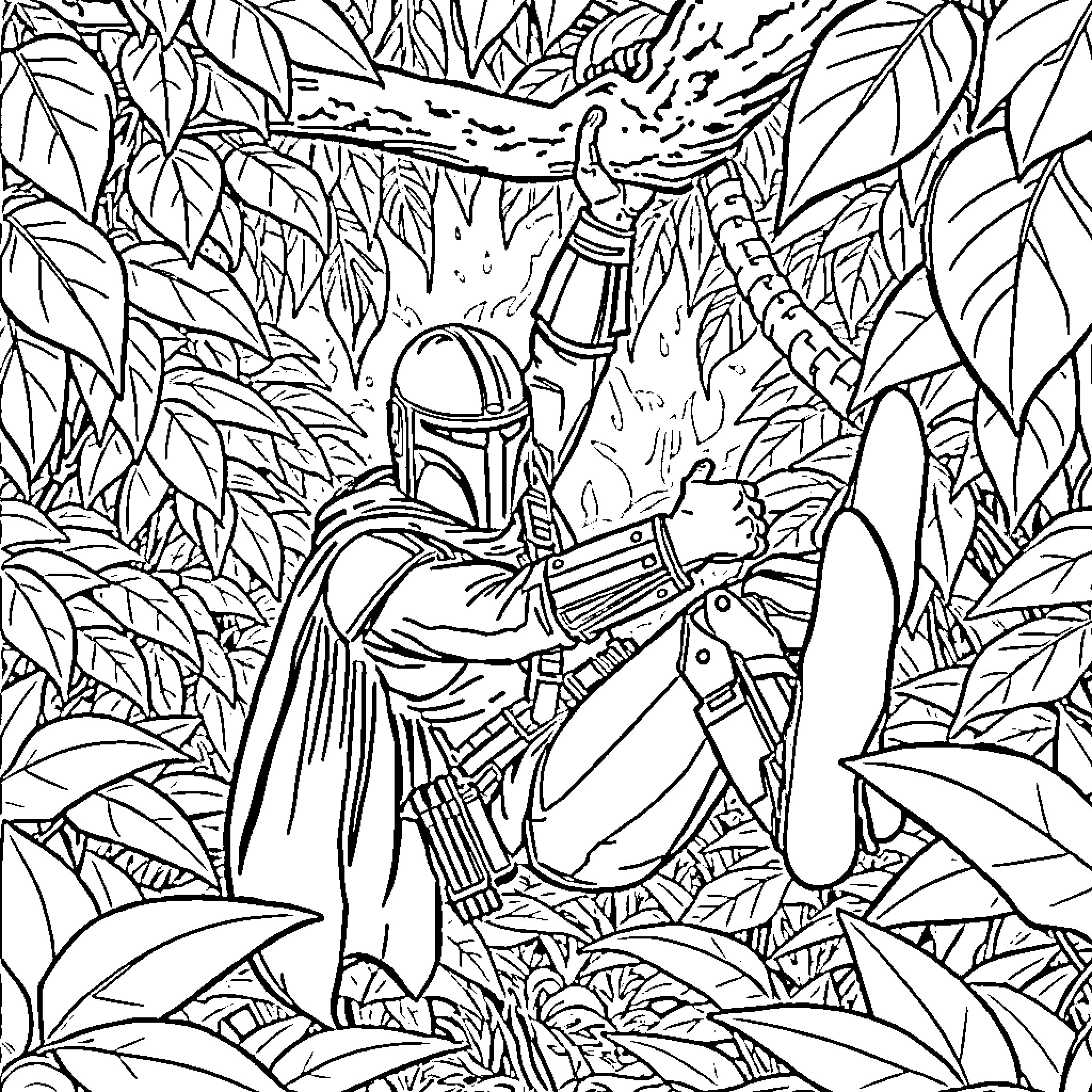 Mandalorian warrior navigating through the jungle Coloring Page (free black-and-white line drawing printable PDF for all, from beginners to advanced learners, including children, teens, adults, and seniors)