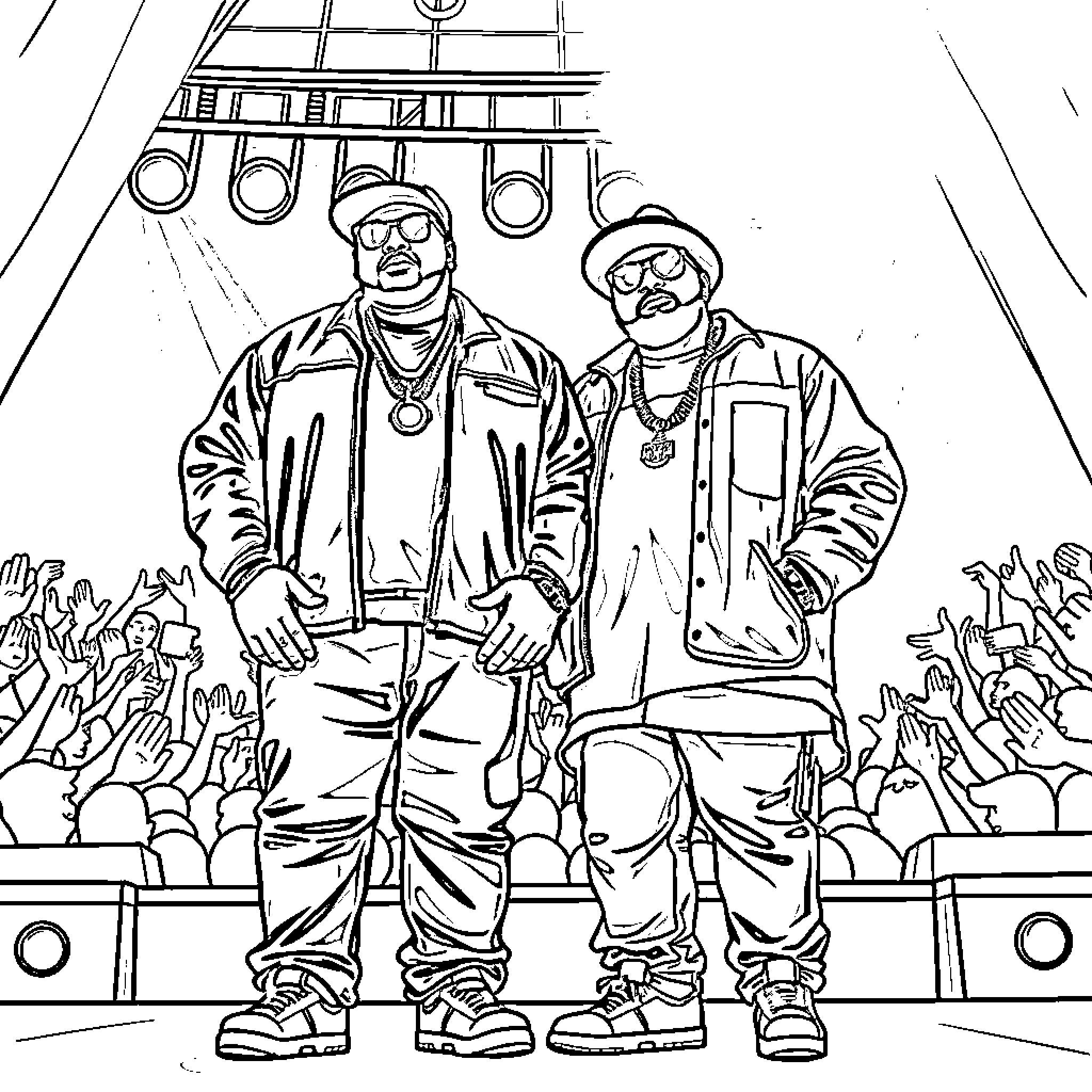 Fat Joe Performing on Stage with Fellow Artist Coloring Page (free black-and-white line drawing printable PDF for all, from beginners to advanced learners, including children, teens, adults, and seniors)