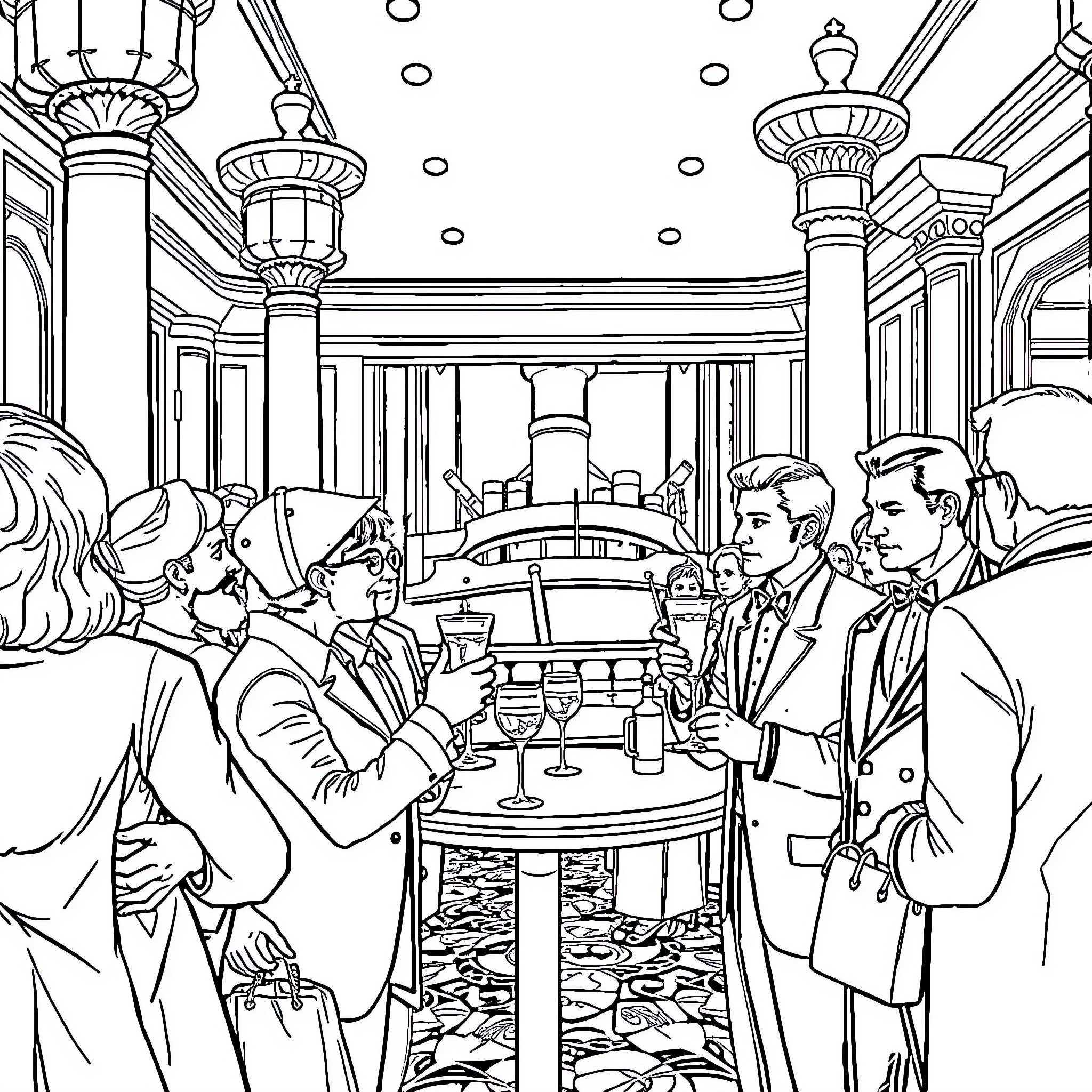 Squirrel socializing at a formal event Coloring Page (free black-and-white line drawing printable PDF for all, from beginners to advanced learners, including children, teens, adults, and seniors)