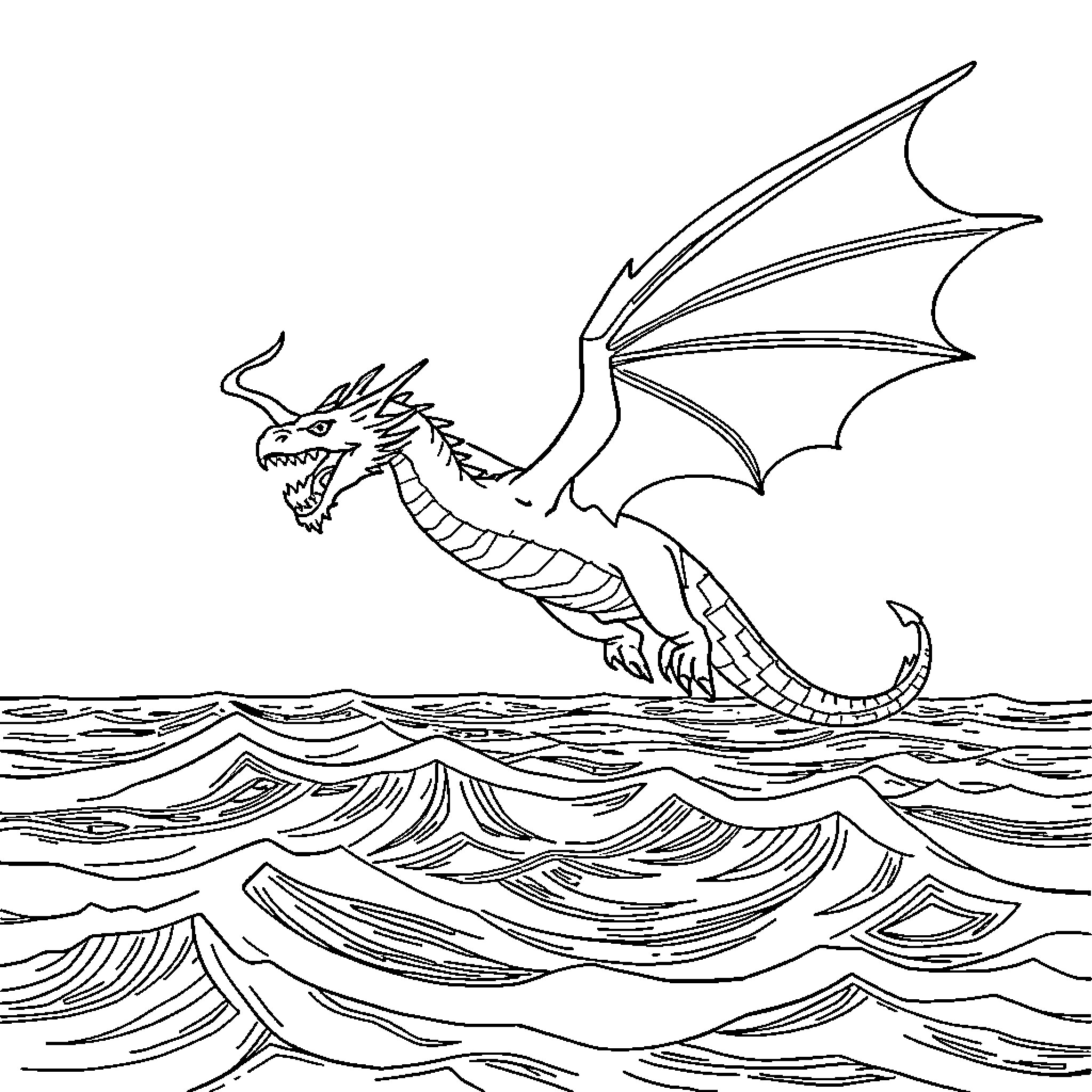 Dragon soaring over the stormy ocean Coloring Page (free black-and-white line drawing printable PDF for all, from beginners to advanced learners, including children, teens, adults, and seniors)