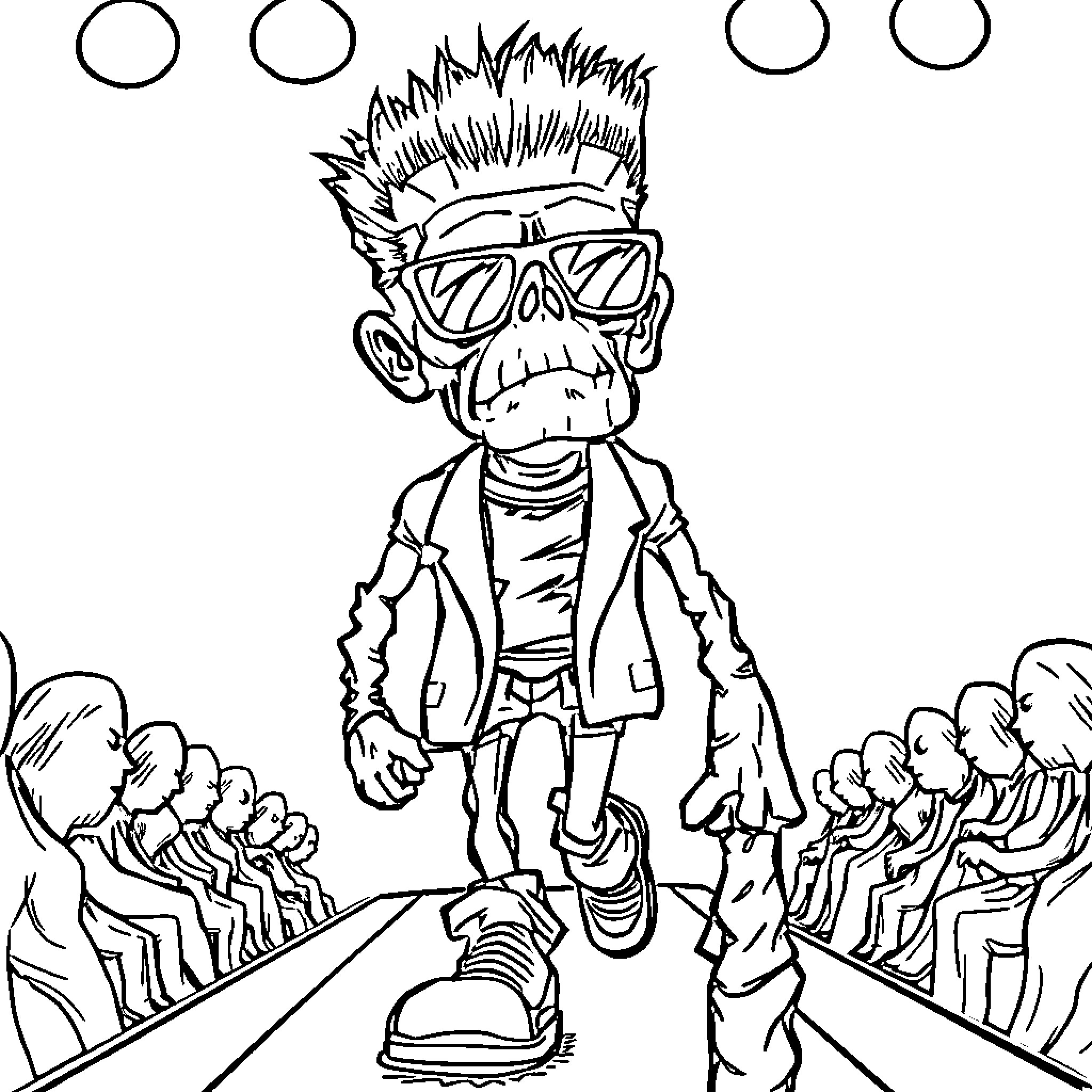 Frankenstein's Monster Walks Among the Crowd Coloring Page (free black-and-white line drawing printable PDF for all, from beginners to advanced learners, including children, teens, adults, and seniors)