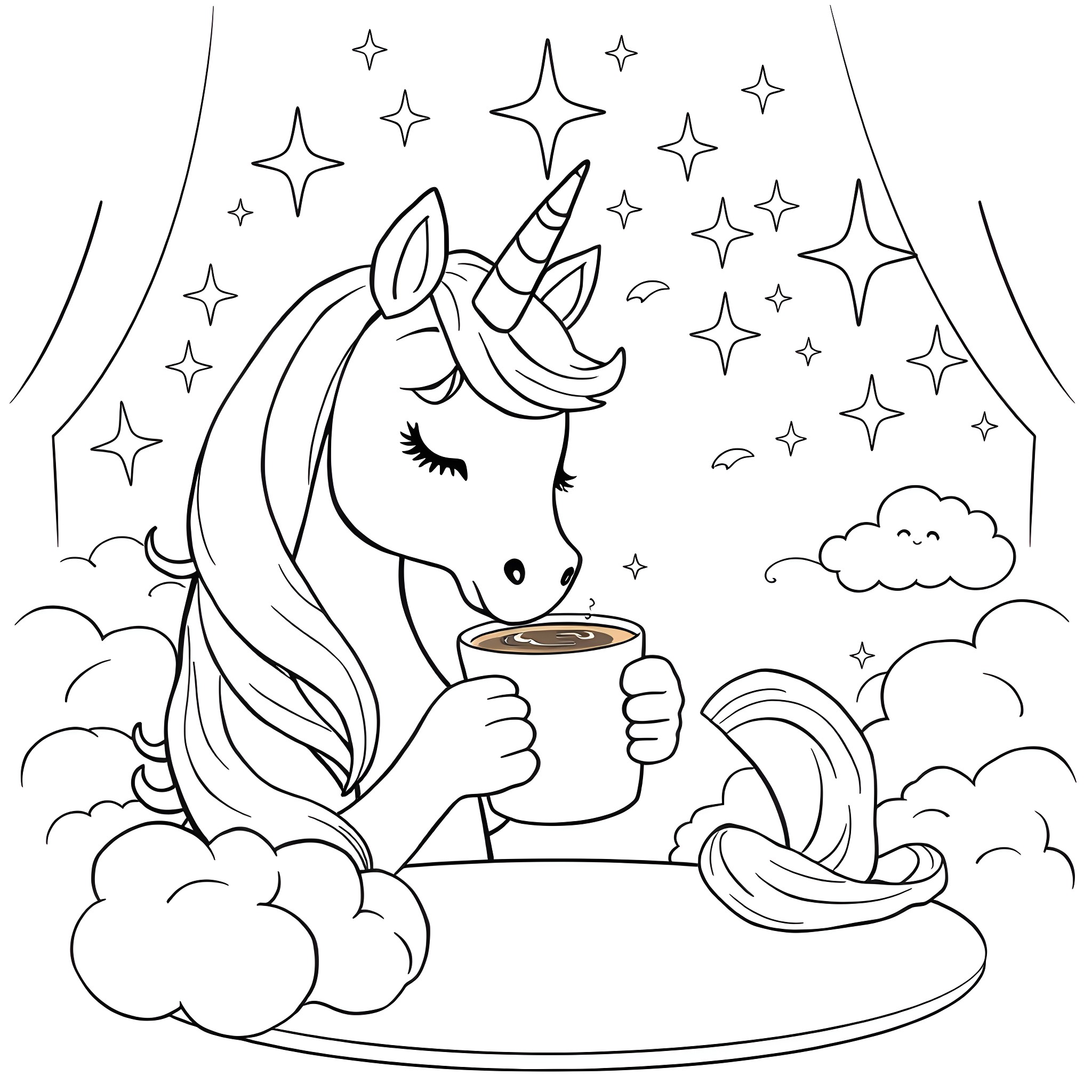 Unicorn enjoying a magical cup of coffee in the clouds Coloring Page (free black-and-white line drawing printable PDF for all, from beginners to advanced learners, including children, teens, adults, and seniors)