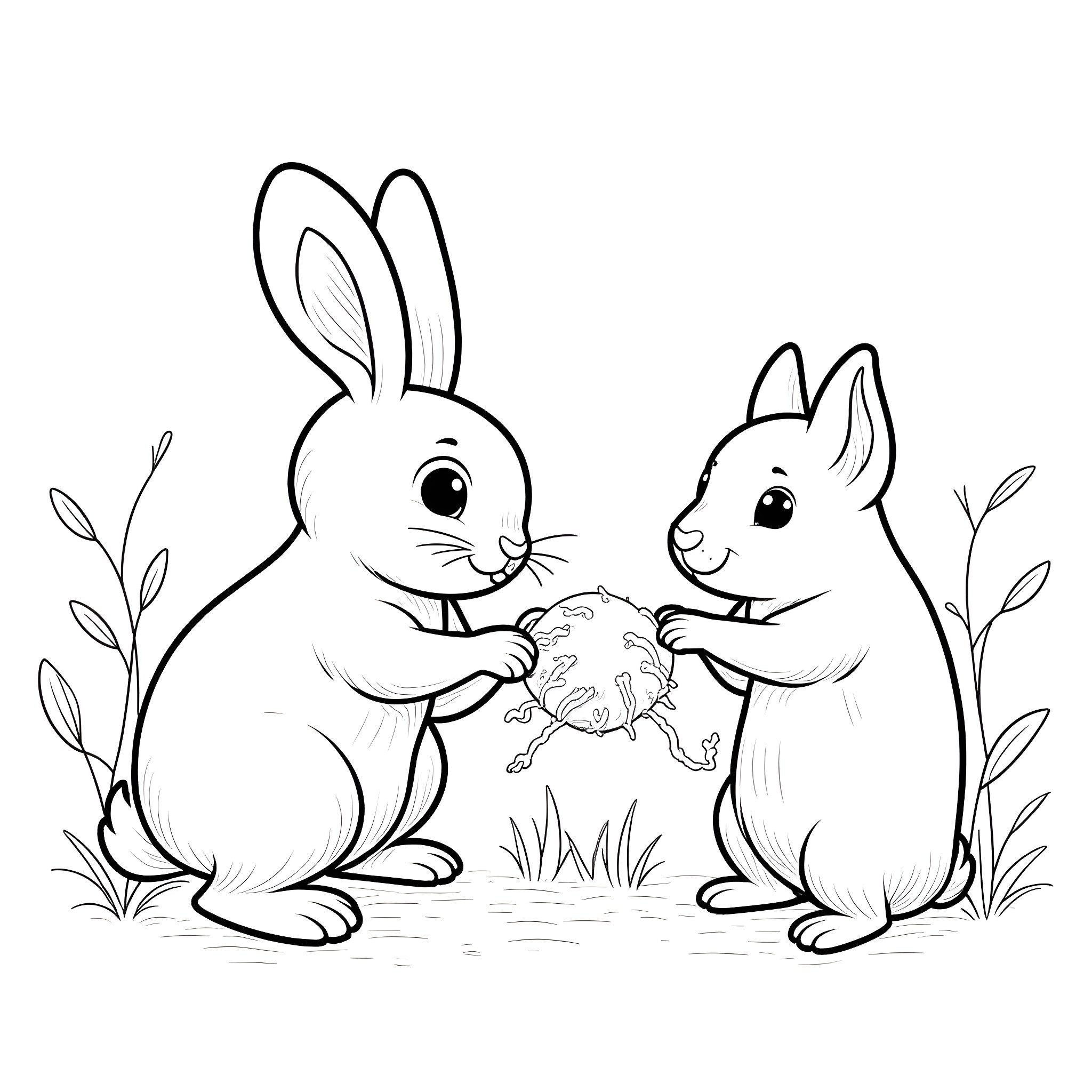 Rabbit friends exploring nature together Coloring Page (free black-and-white line drawing printable PDF for all, from beginners to advanced learners, including children, teens, adults, and seniors)