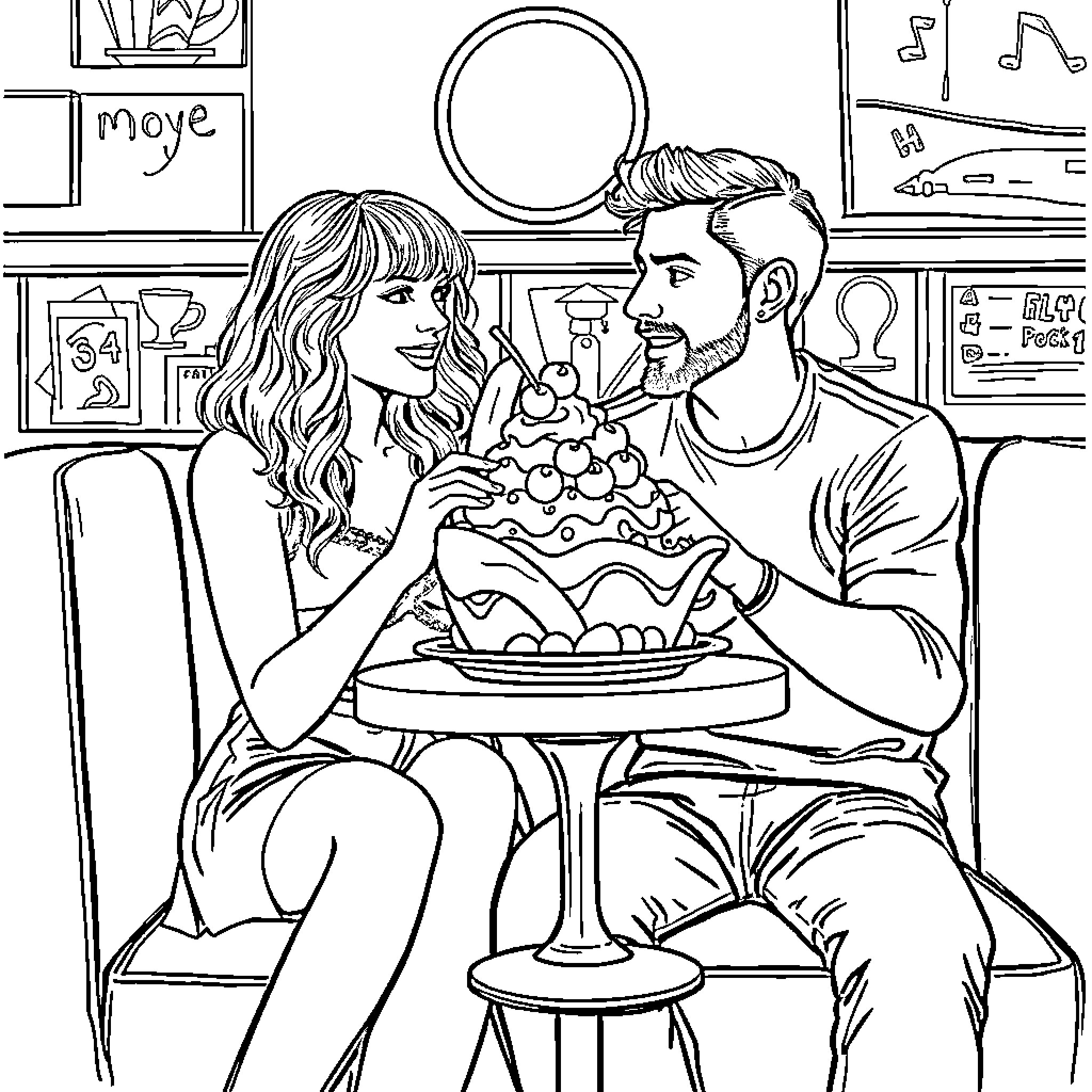 Taylor Swift sharing a dessert with her partner Coloring Page (free black-and-white line drawing printable PDF for all, from beginners to advanced learners, including children, teens, adults, and seniors)